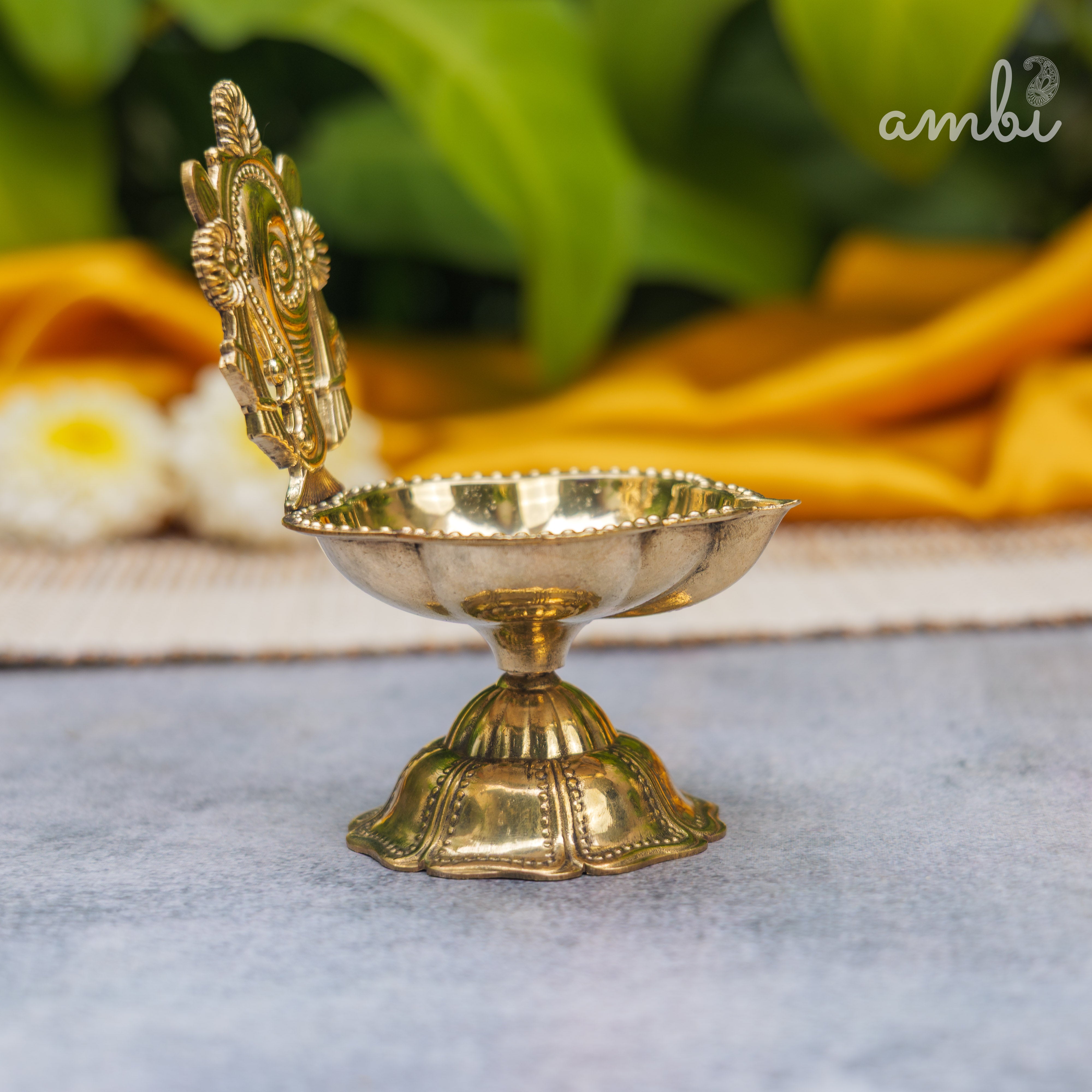 Pure Brass Diya Shankh & Chakra Designs - Set of 2 - 4 Inches height