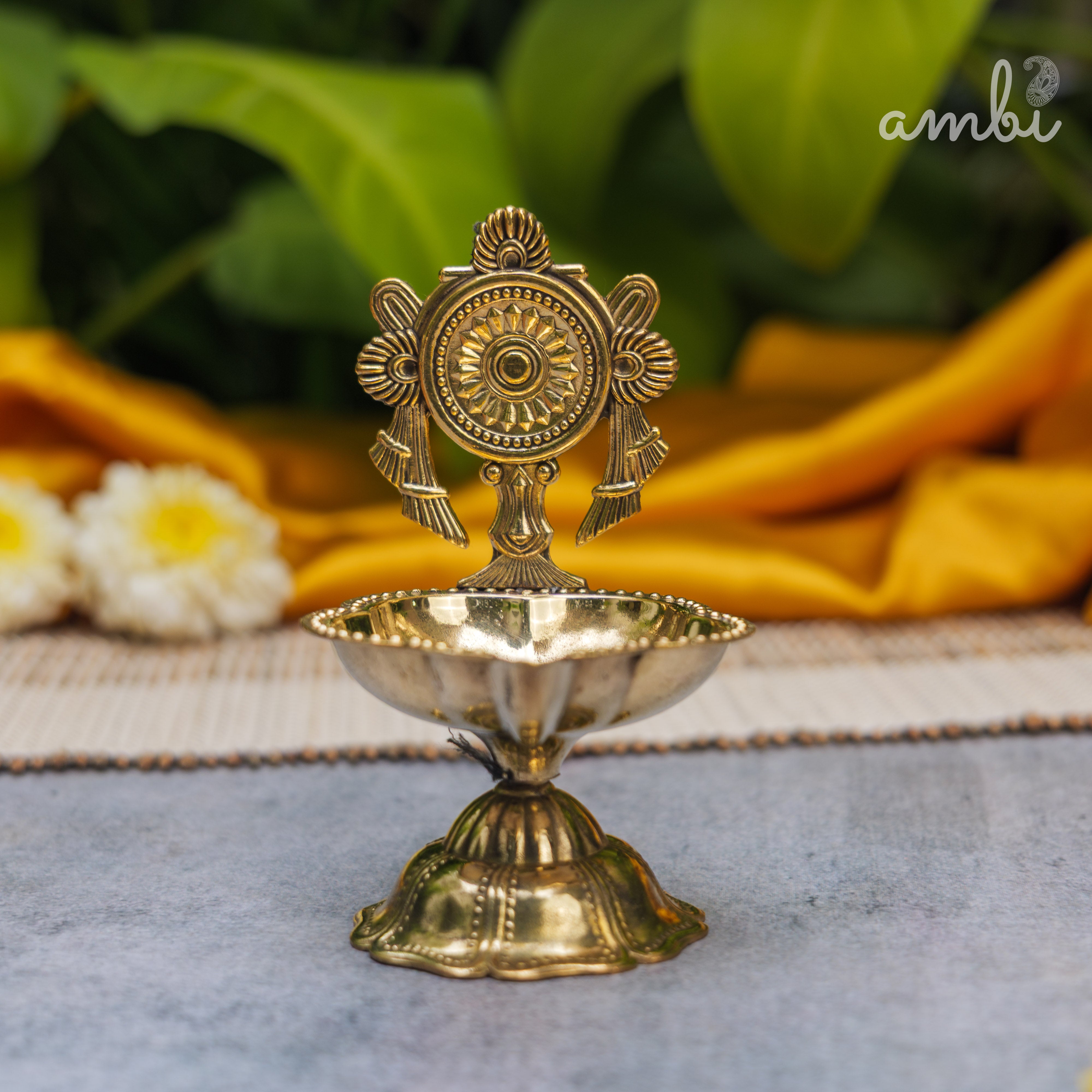 Pure Brass Diya Shankh & Chakra Designs - Set of 2 - 4 Inches height
