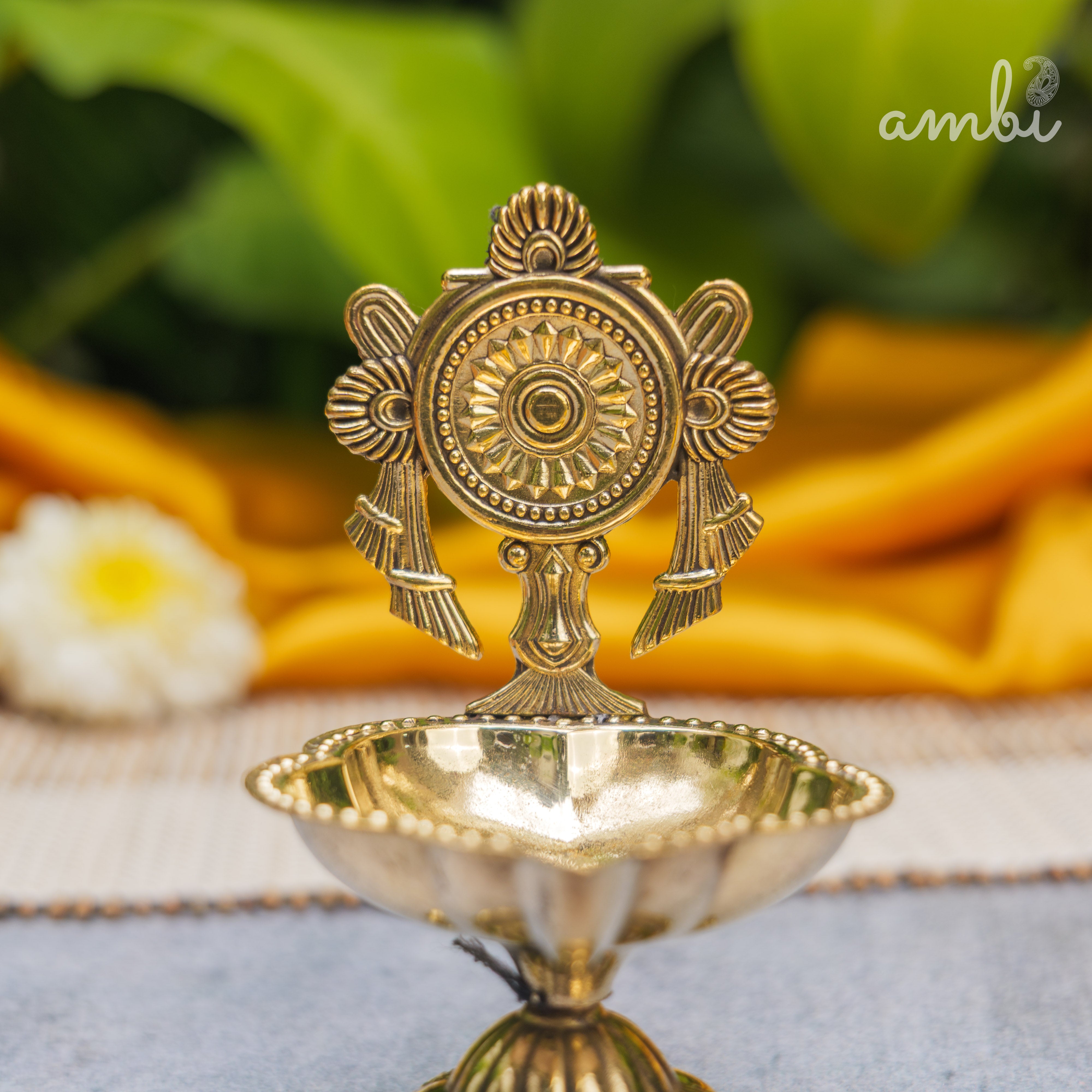 Pure Brass Diya Shankh & Chakra Designs - Set of 2 - 4 Inches height
