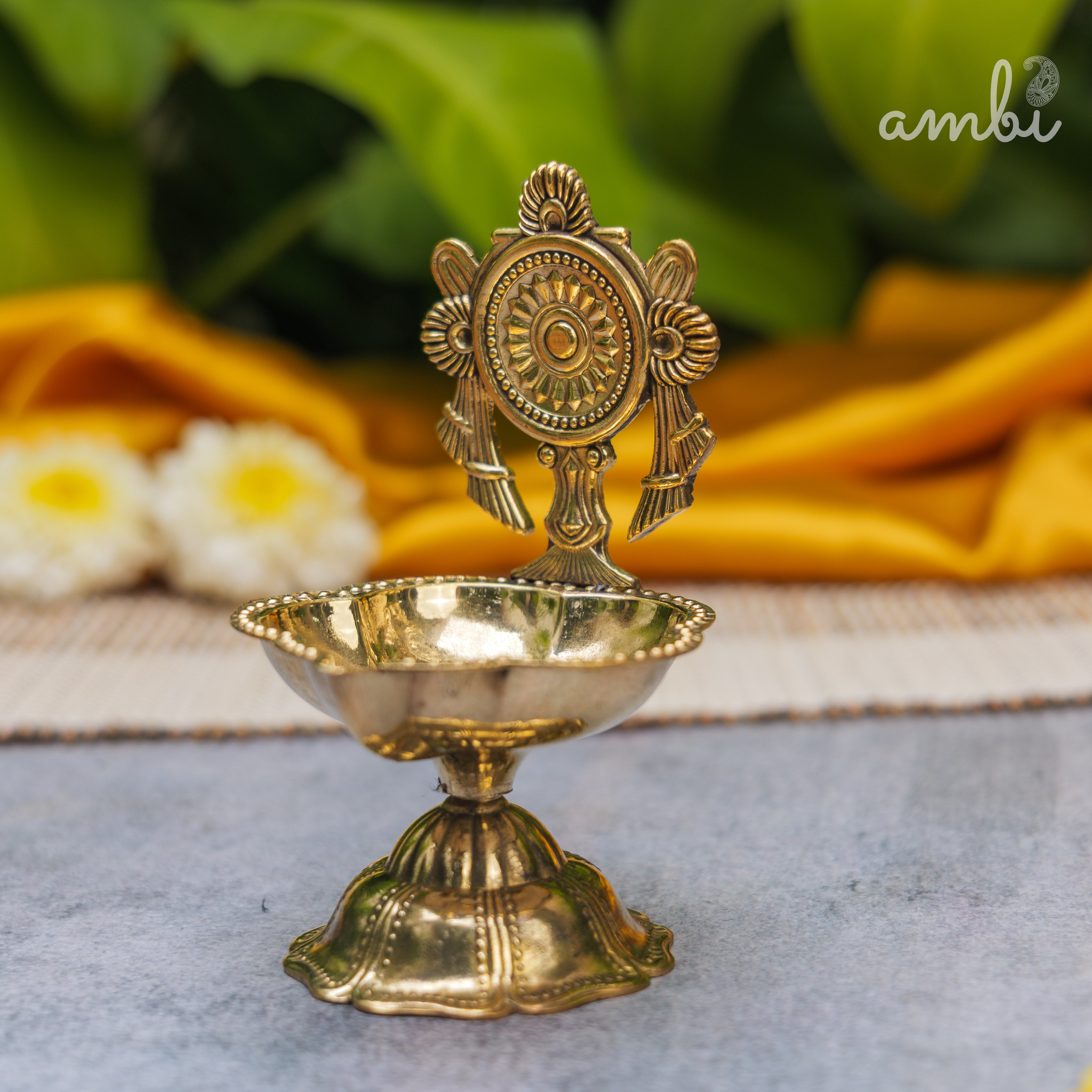 Pure Brass Diya Shankh & Chakra Designs - Set of 2 - 4 Inches height