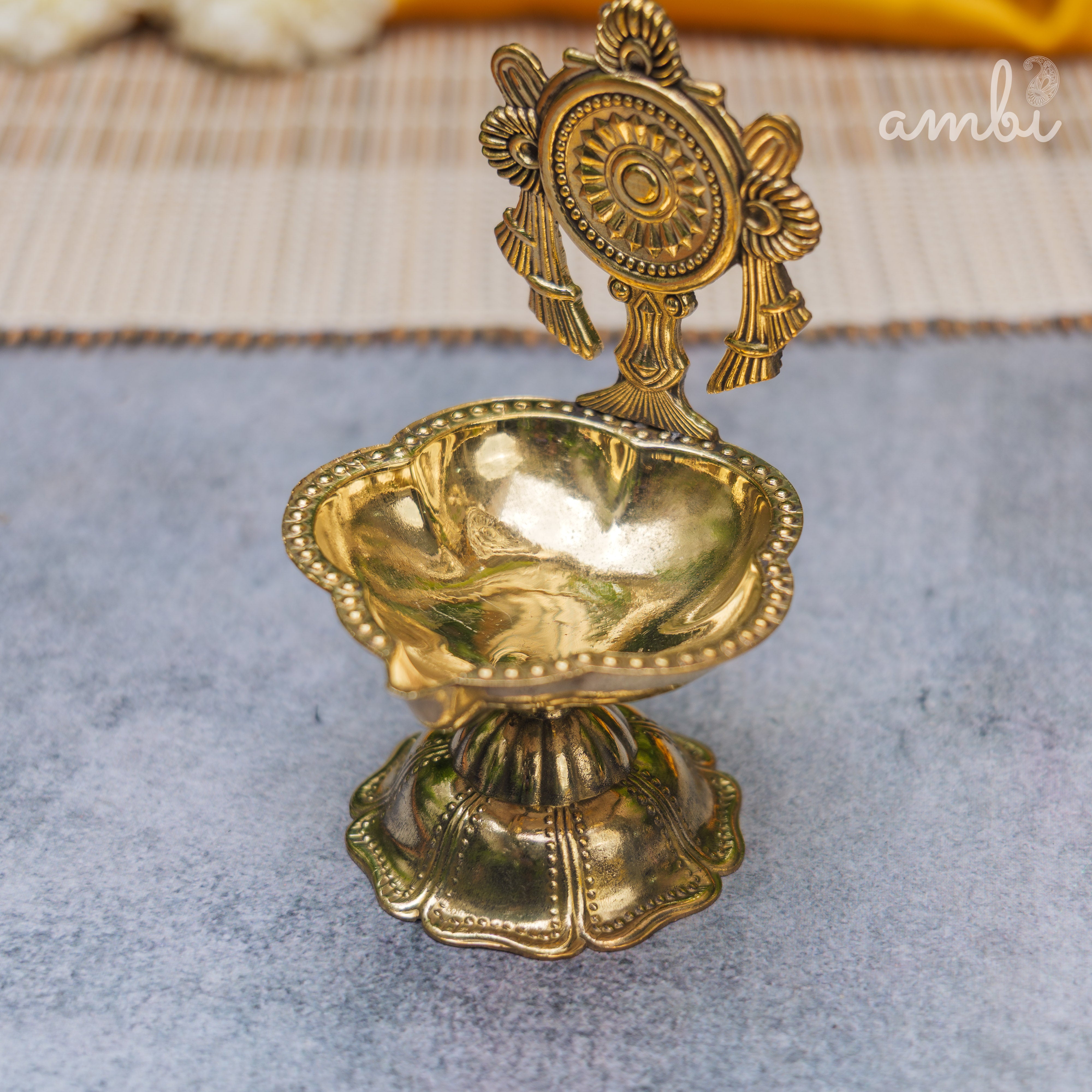 Pure Brass Diya Shankh & Chakra Designs - Set of 2 - 4 Inches height