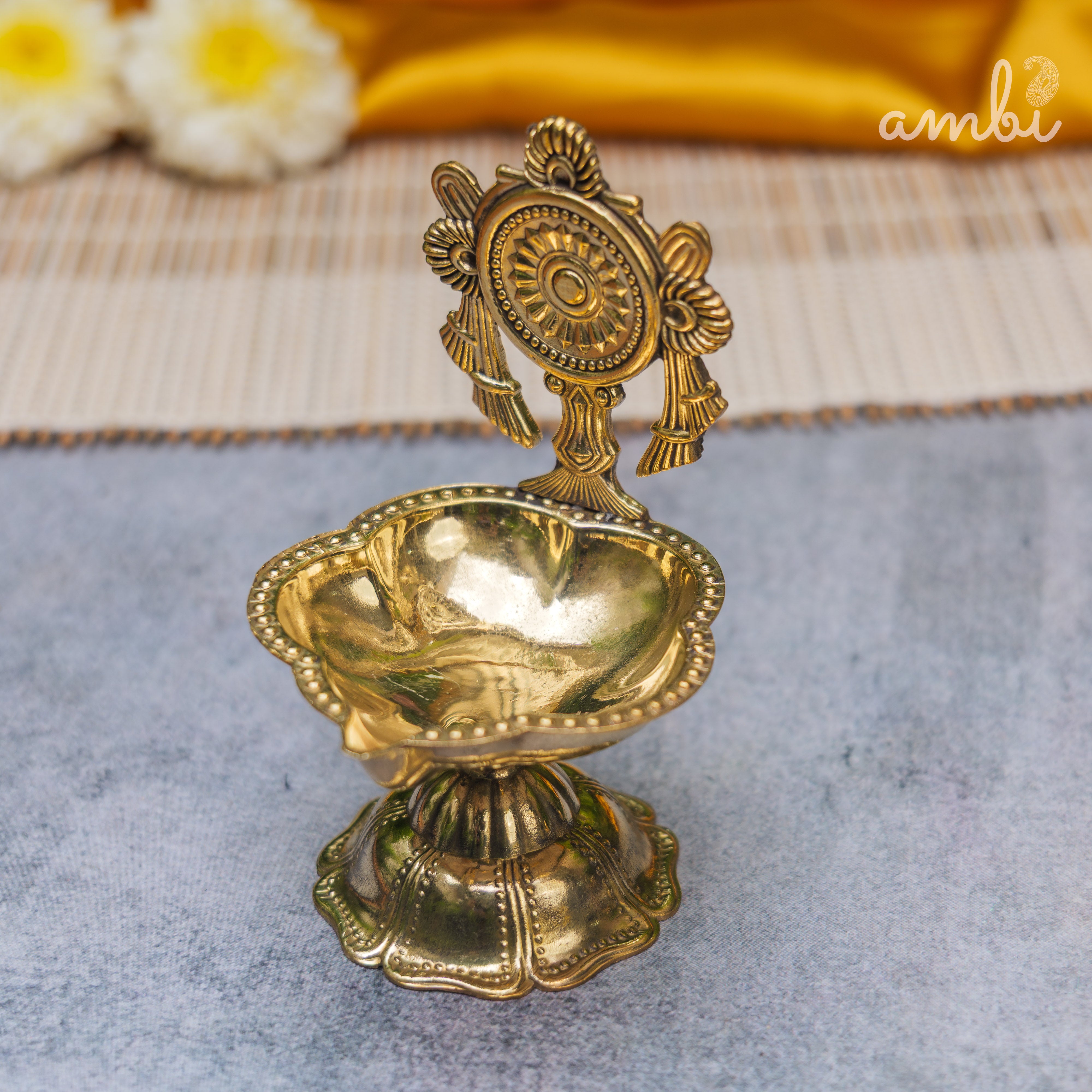 Pure Brass Diya Shankh & Chakra Designs - Set of 2 - 4 Inches height