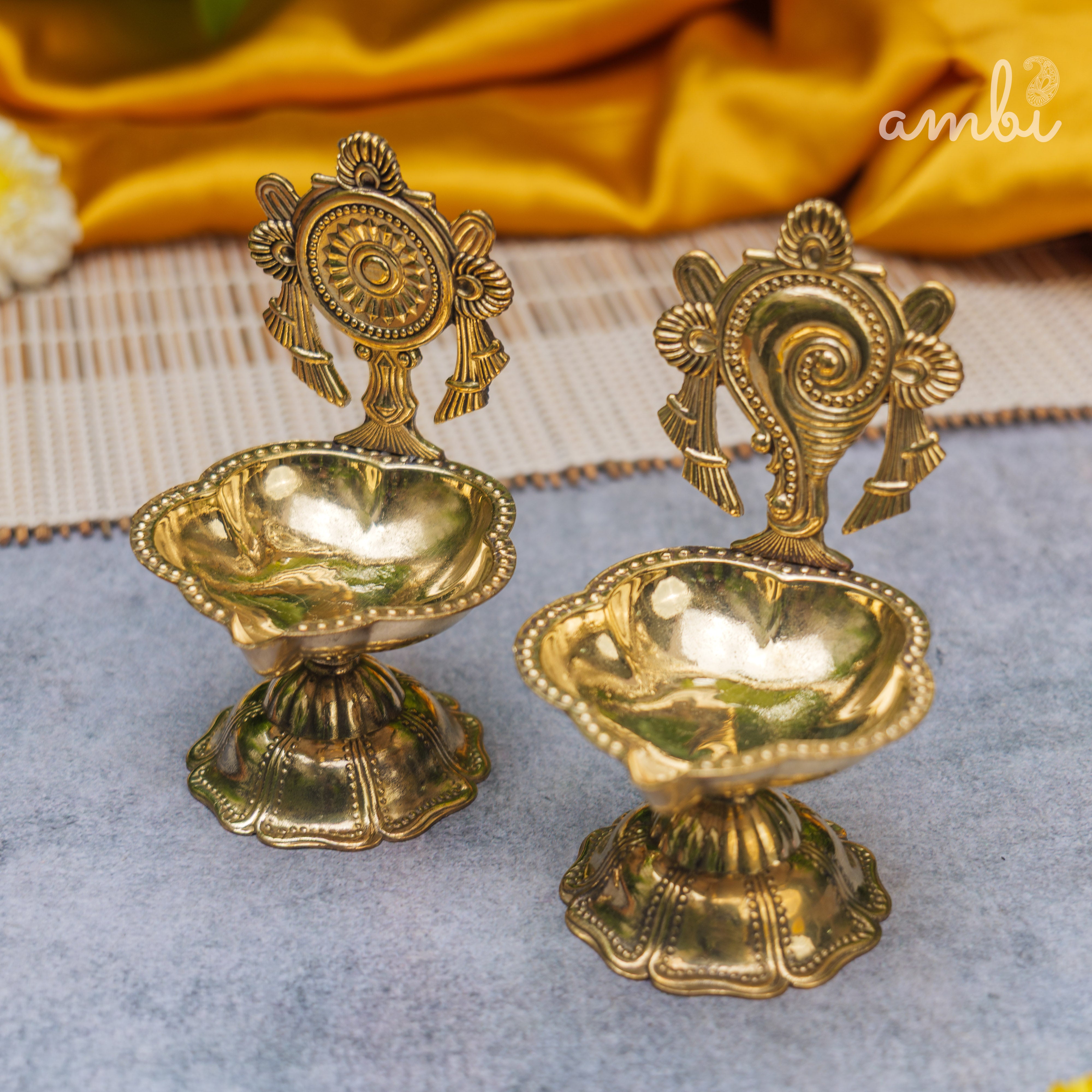 Pure Brass Diya Shankh & Chakra Designs - Set of 2 - 4 Inches height