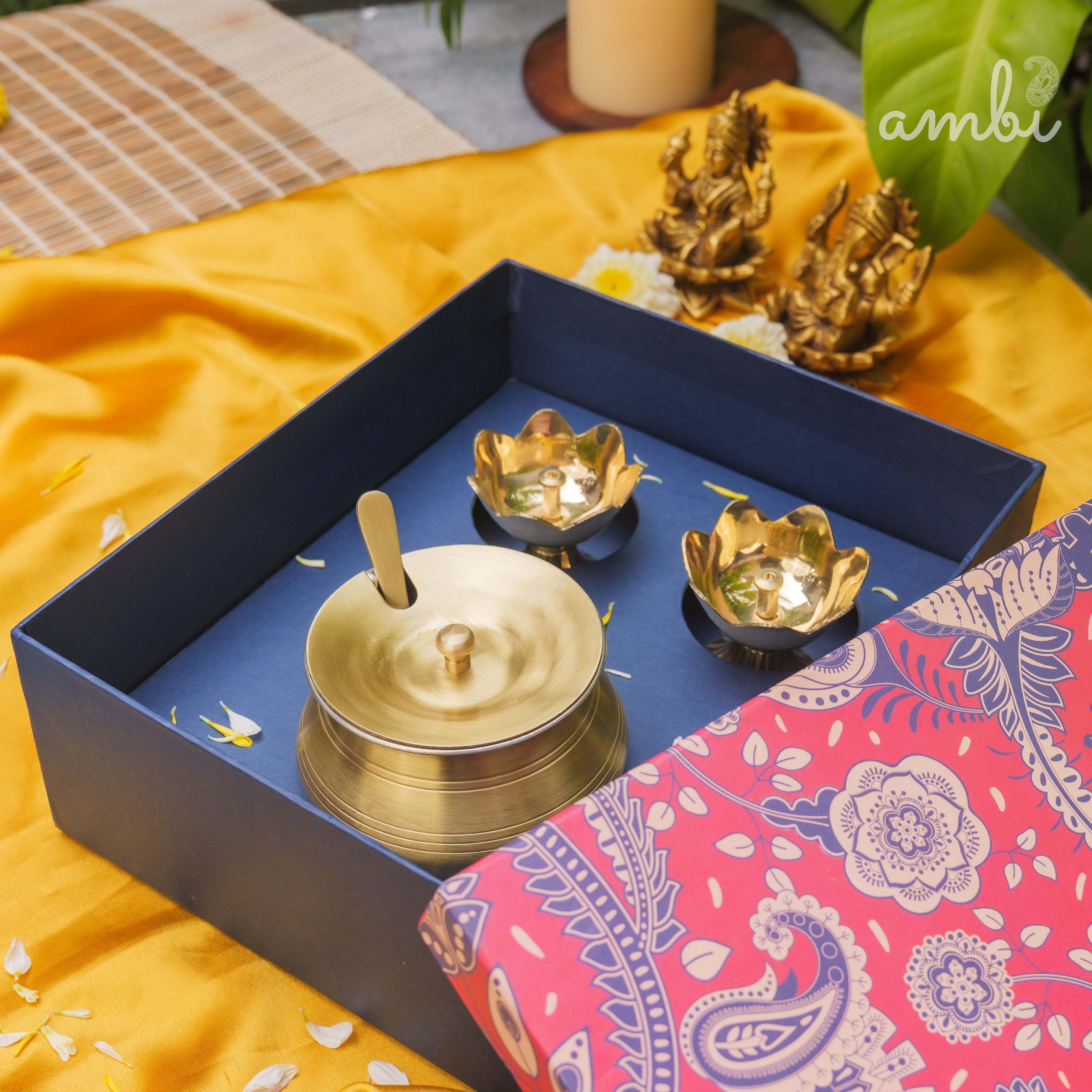 Gift Box - Brass Lotus Diya(small) & Ghee Pot