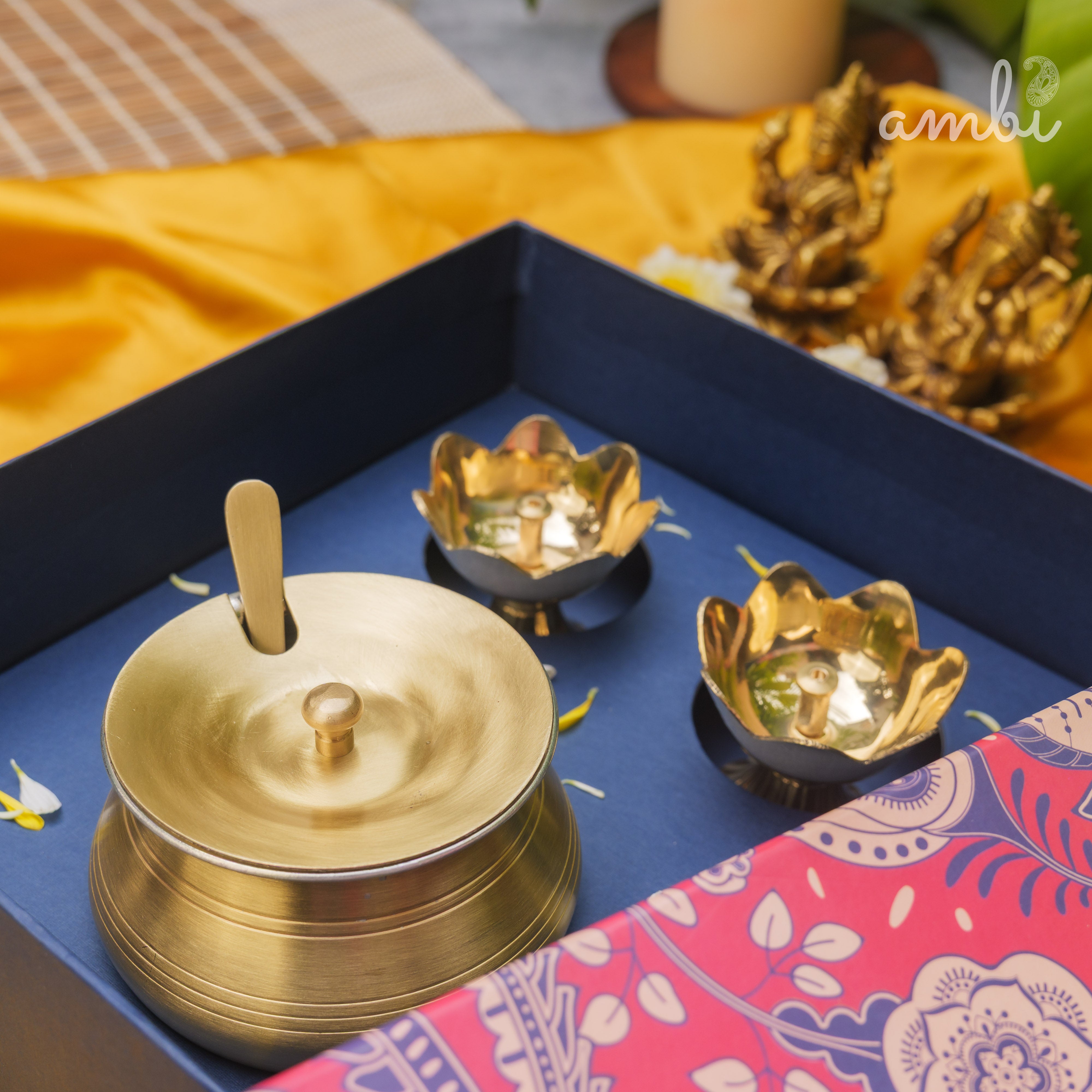 Gift Box - Brass Lotus Diya(small) & Ghee Pot