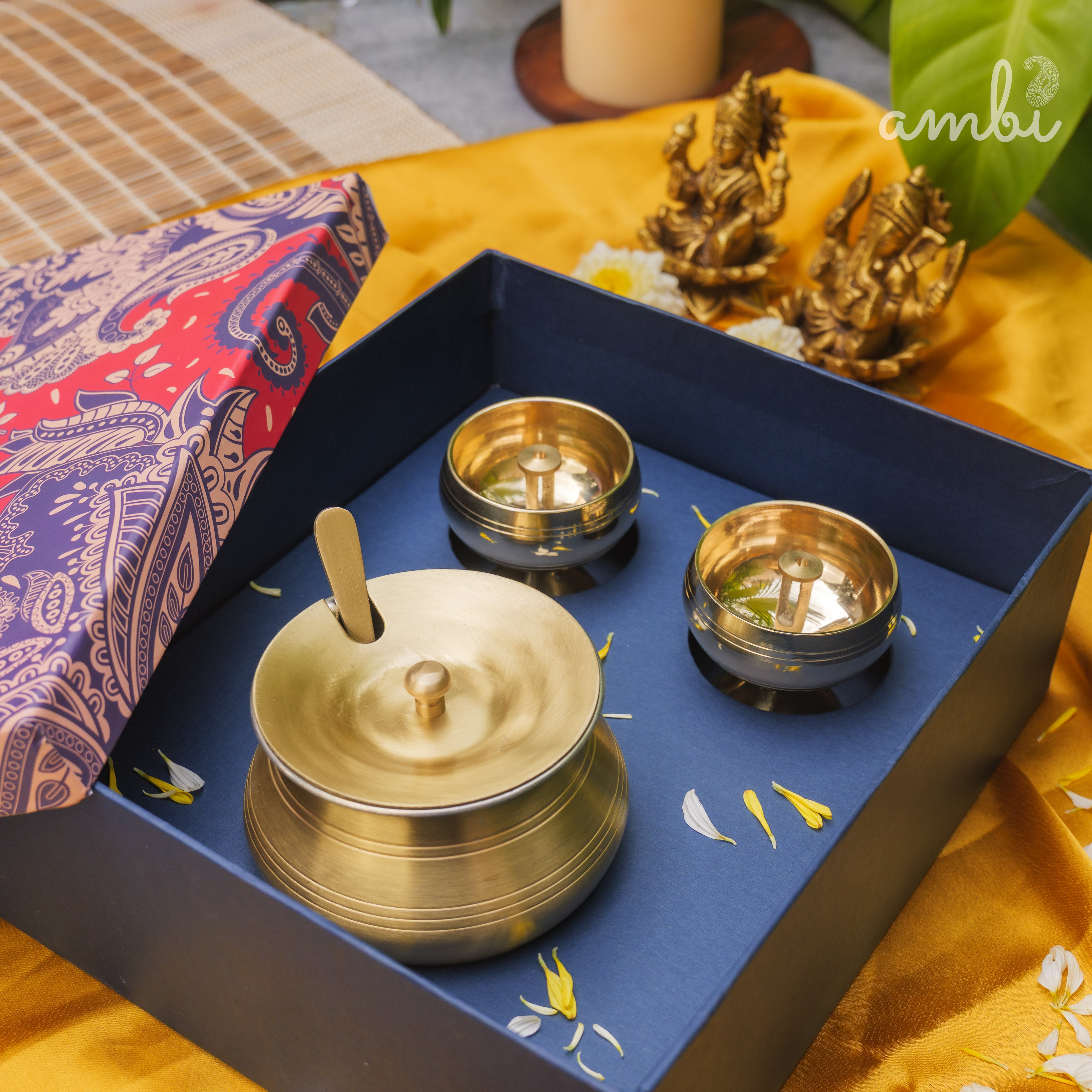 Ambi Gift of Purity (Kuber Diyas) : 1 Pure Brass Ghee Pot and 2 Pure Brass Kuber Diyas in a Gift Box
