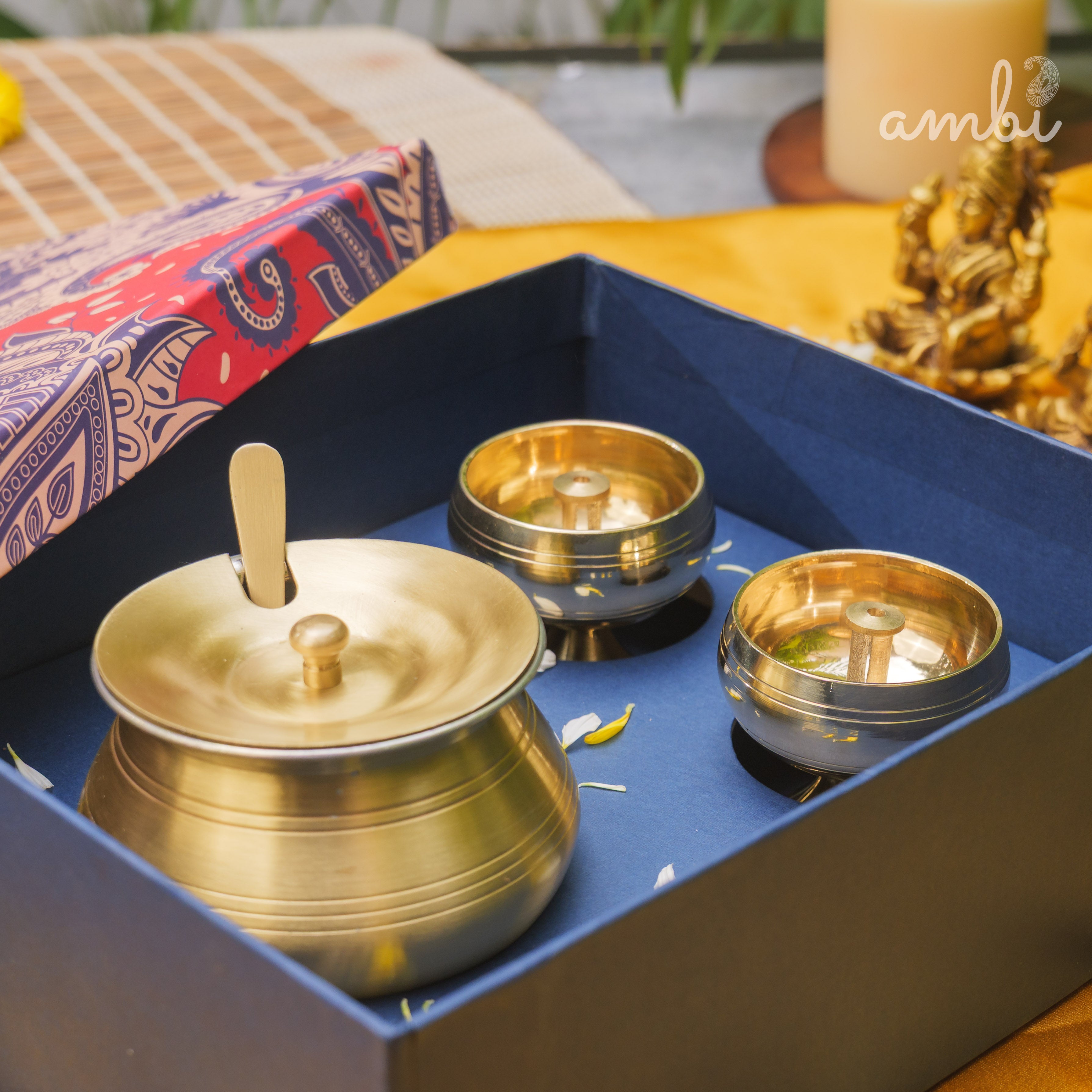 Ambi Gift of Purity (Kuber Diyas) : 1 Pure Brass Ghee Pot and 2 Pure Brass Kuber Diyas in a Gift Box