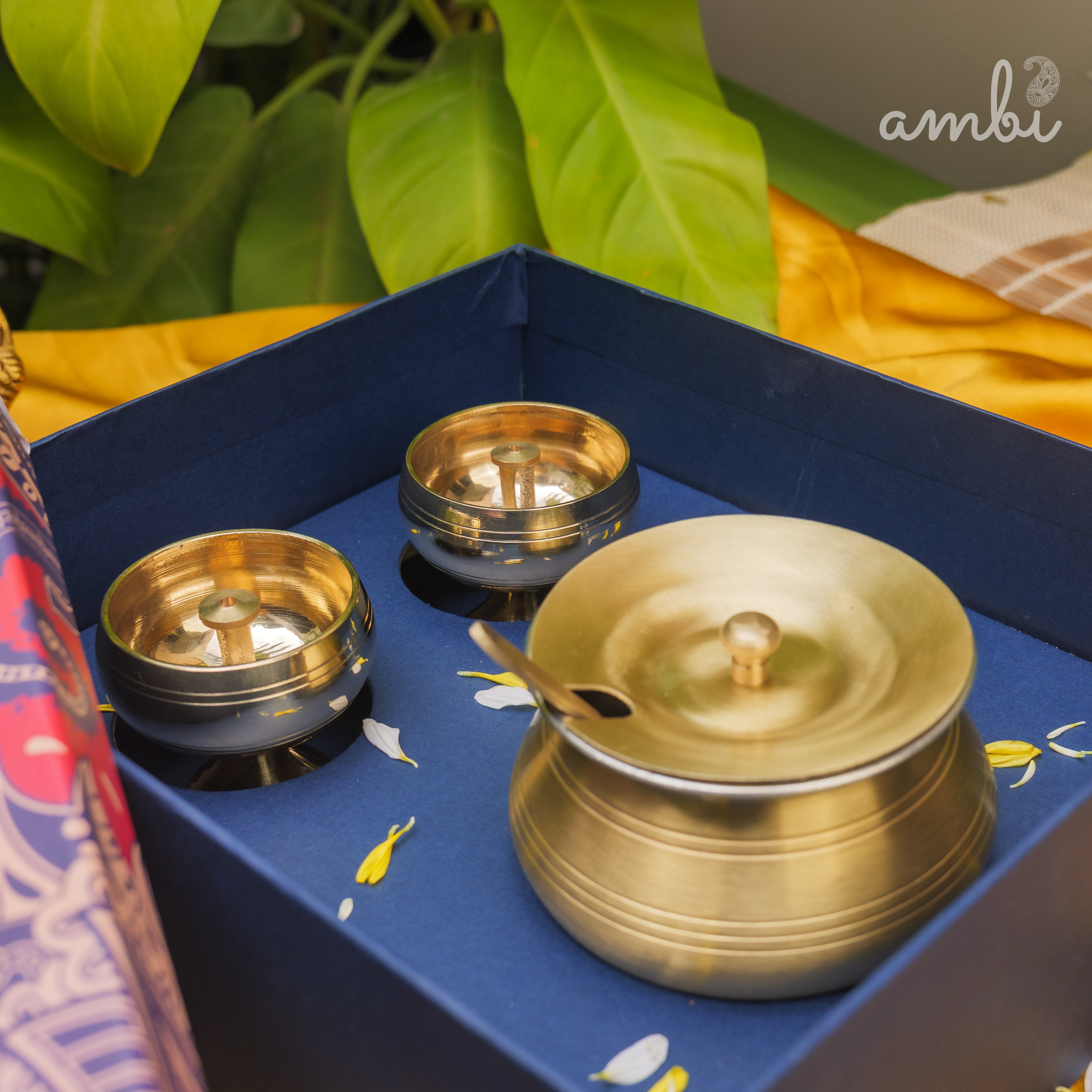 Ambi Gift of Purity (Kuber Diyas) : 1 Pure Brass Ghee Pot and 2 Pure Brass Kuber Diyas in a Gift Box