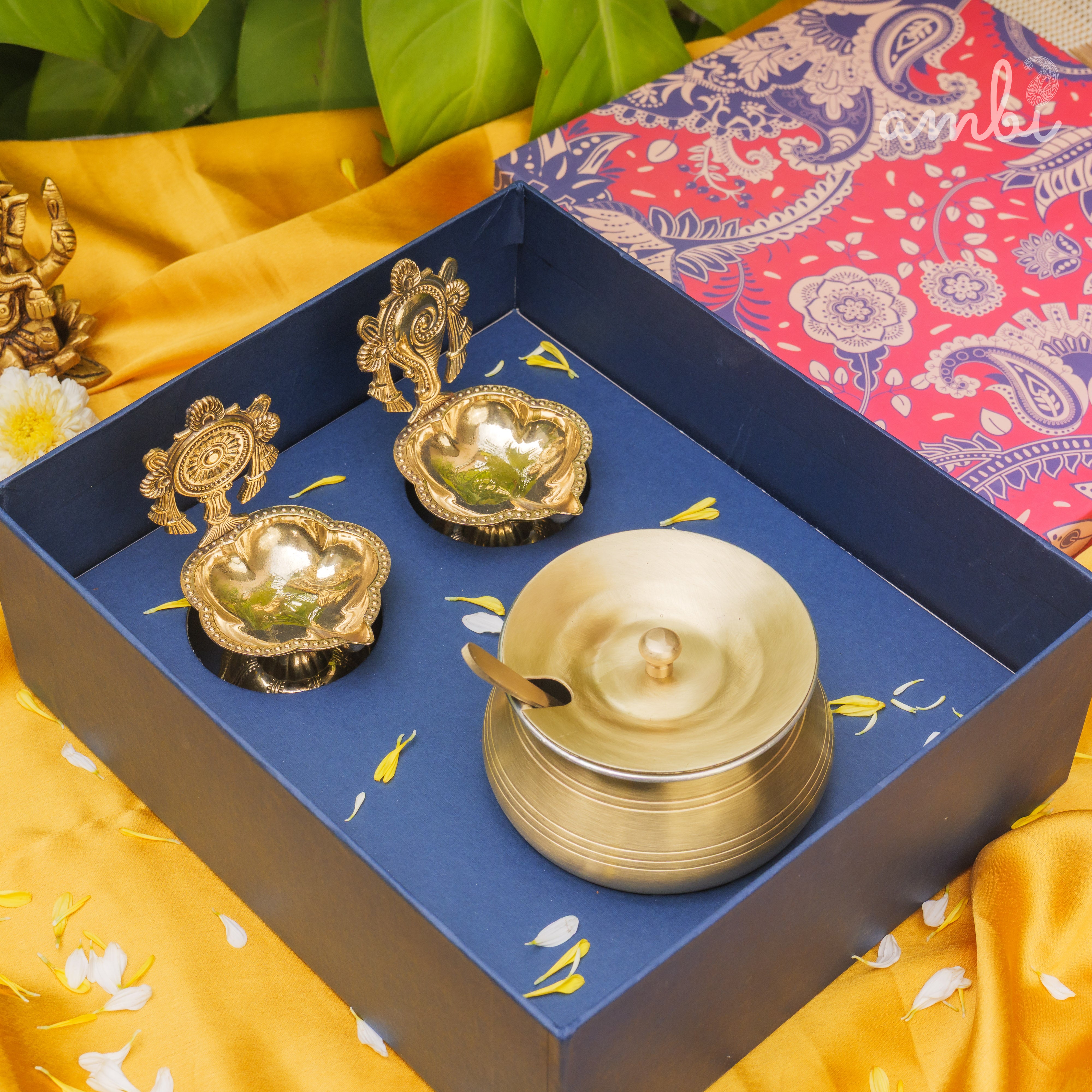 Ambi Gift of Purity (Shankh and Chakra Diyas) : 1 Pure Brass Ghee Pot and 2 Pure Brass Diyas in a Gift Box