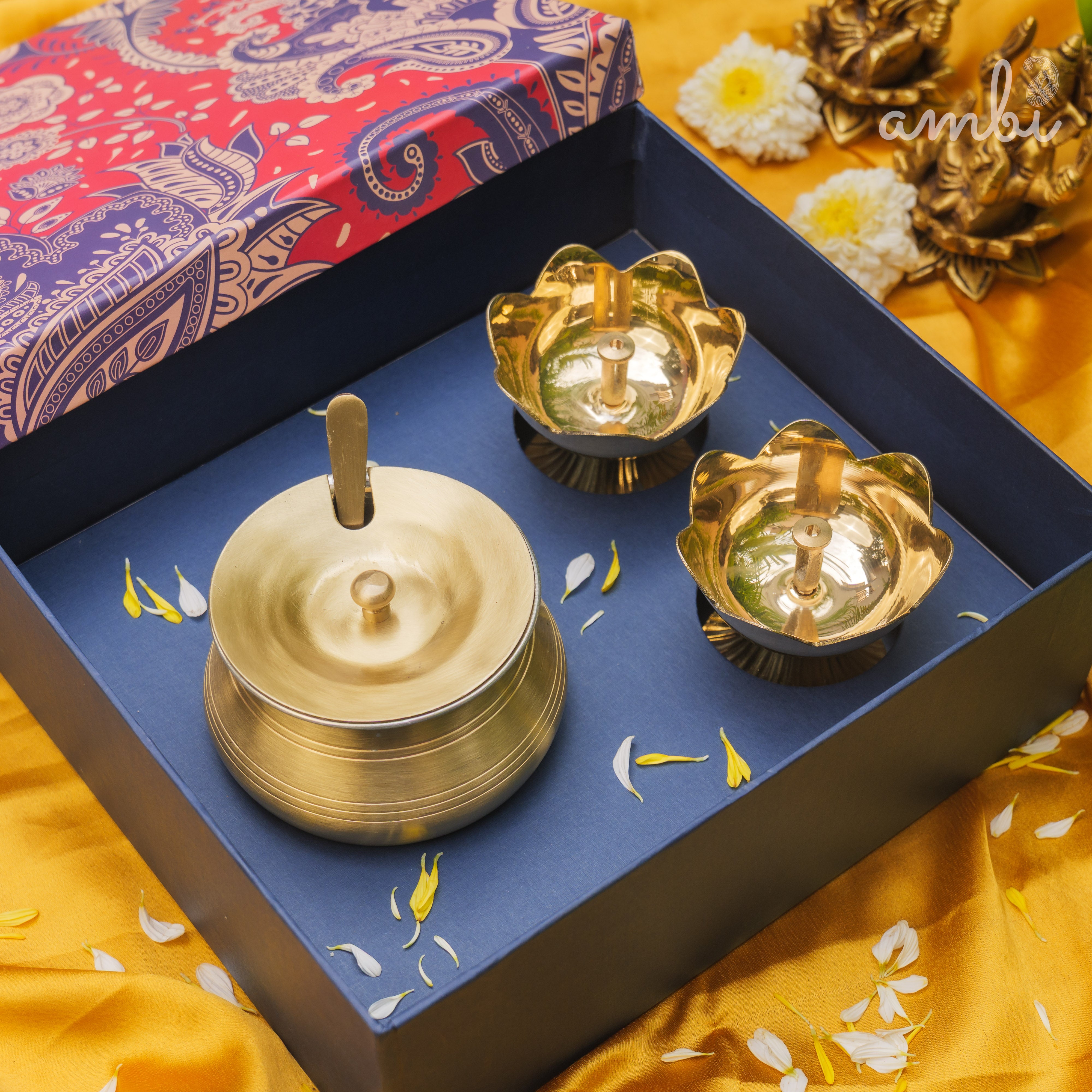 Ambi Gift of Purity (Lotus Diyas): 1 Pure Brass Ghee Pot and 2 Pure Brass Lotus Diyas in a Gift Box