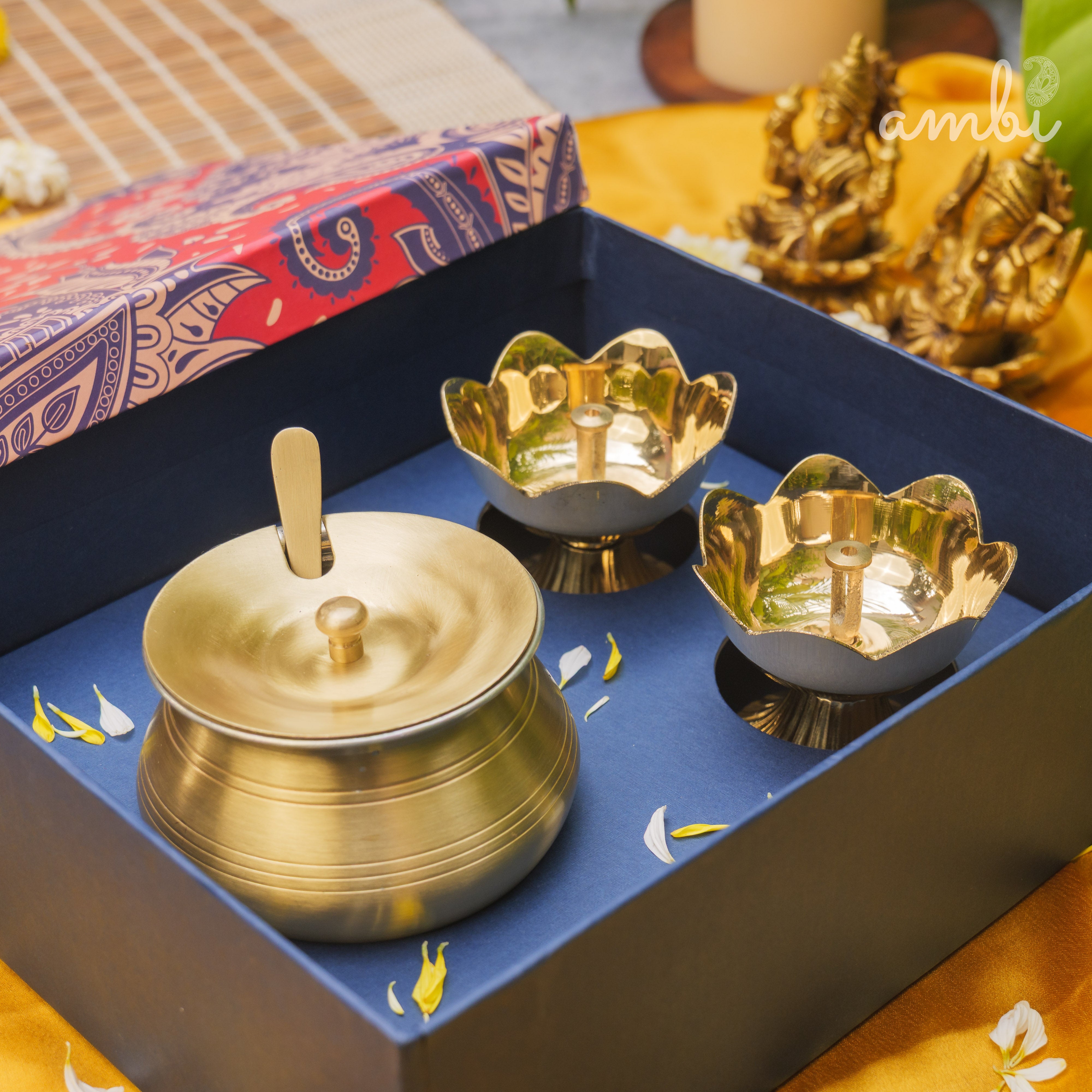 Ambi Gift of Purity (Lotus Diyas): 1 Pure Brass Ghee Pot and 2 Pure Brass Lotus Diyas in a Gift Box