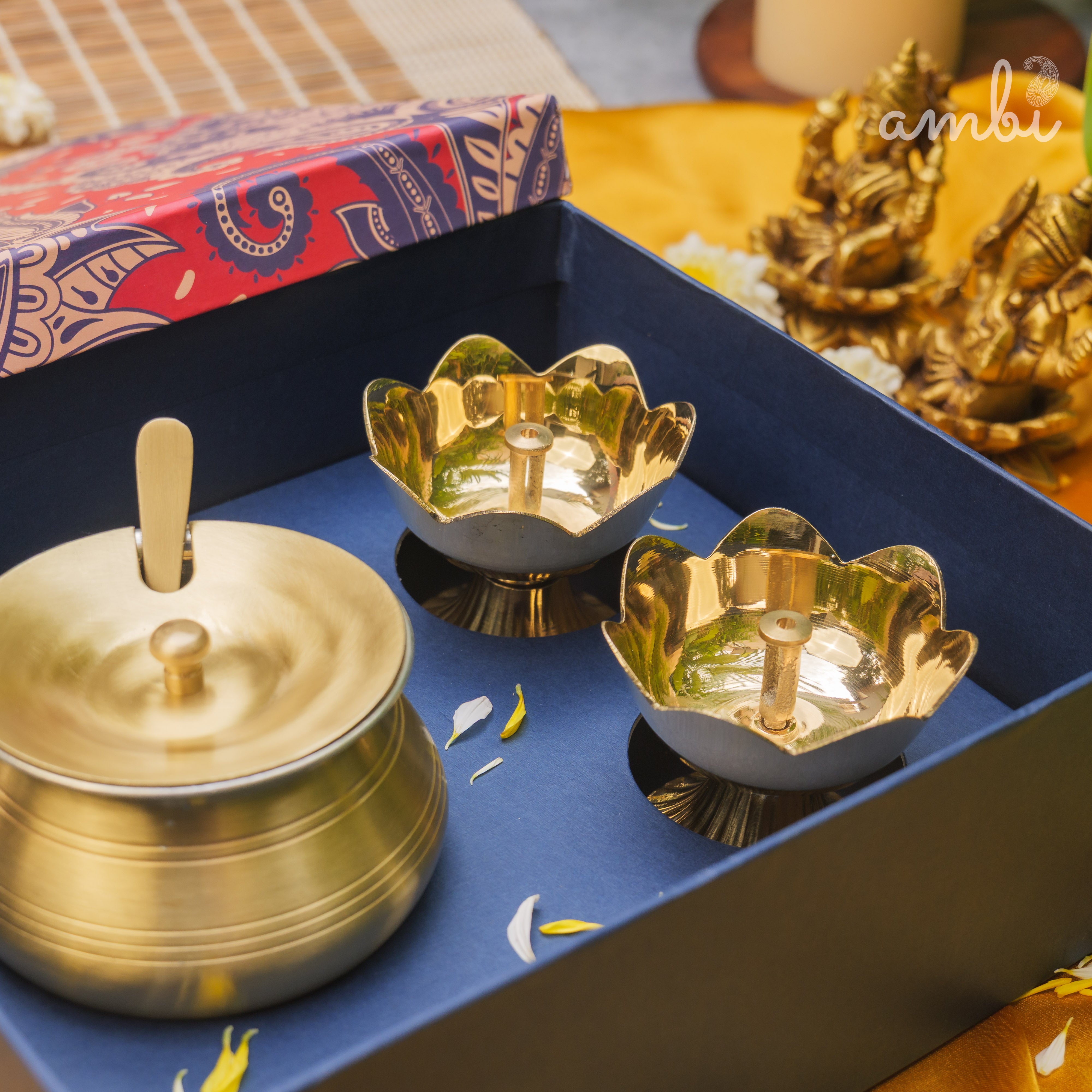 Ambi Gift of Purity (Lotus Diyas): 1 Pure Brass Ghee Pot and 2 Pure Brass Lotus Diyas in a Gift Box