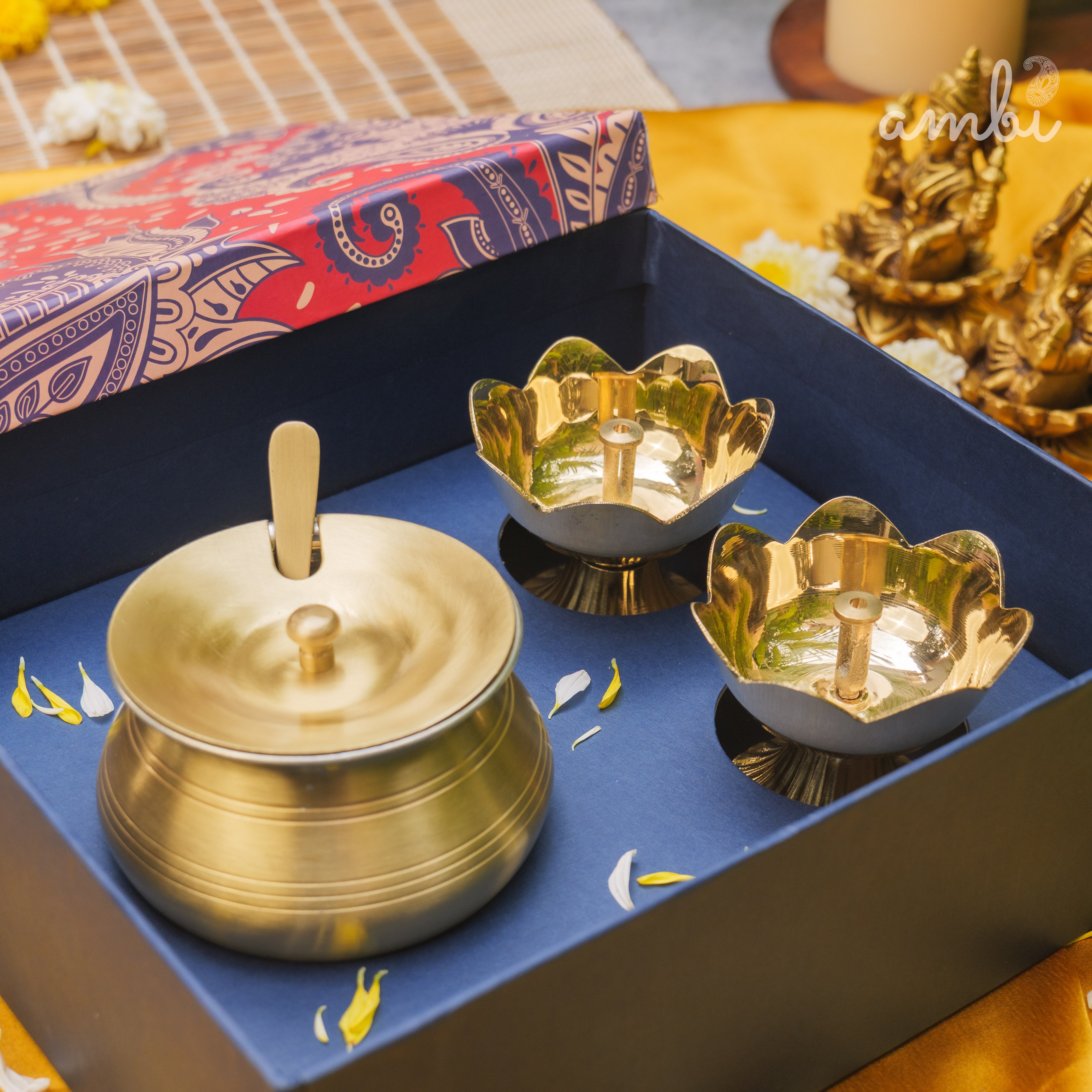 Ambi Gift of Purity (Lotus Diyas): 1 Pure Brass Ghee Pot and 2 Pure Brass Lotus Diyas in a Gift Box