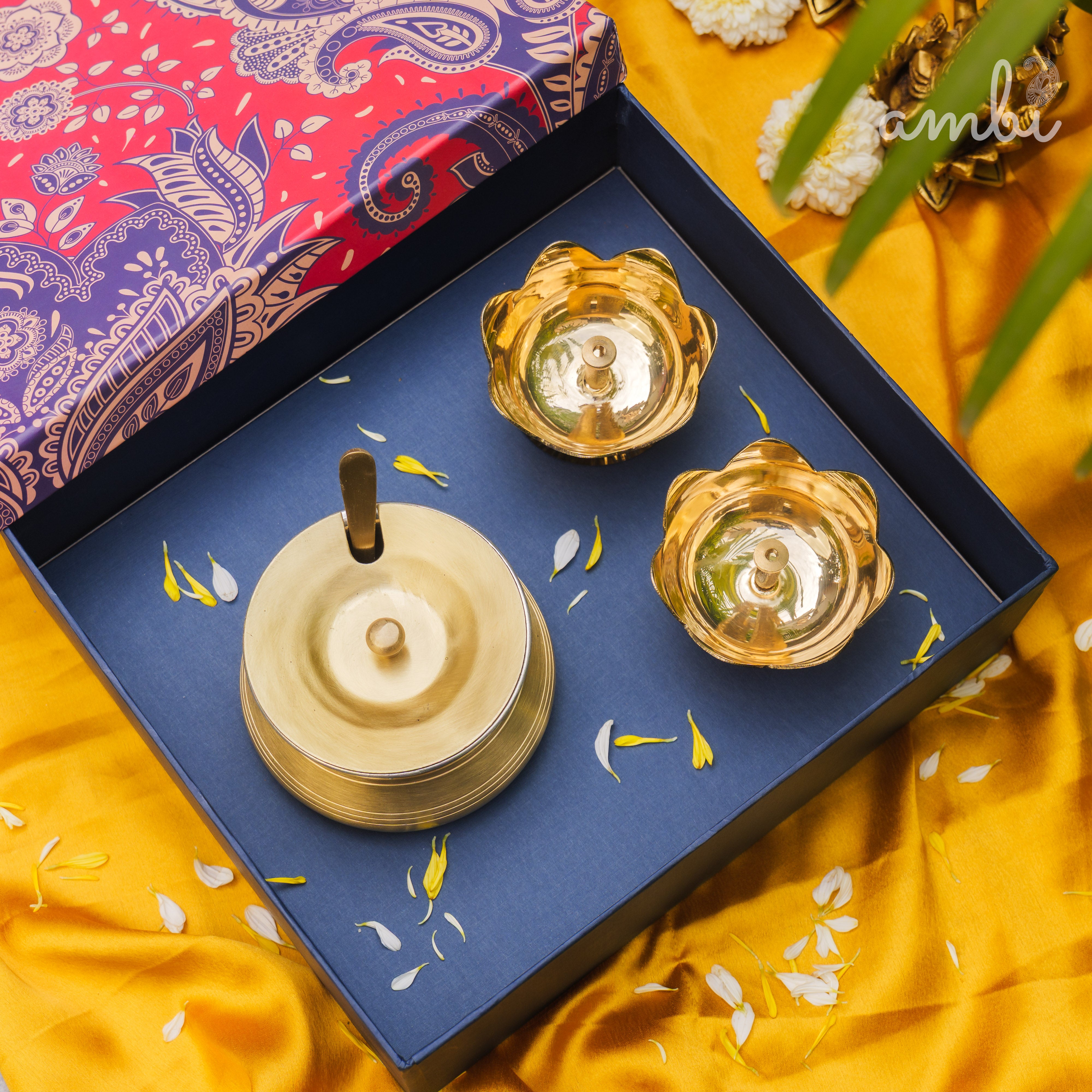 Ambi Gift of Purity (Lotus Diyas): 1 Pure Brass Ghee Pot and 2 Pure Brass Lotus Diyas in a Gift Box