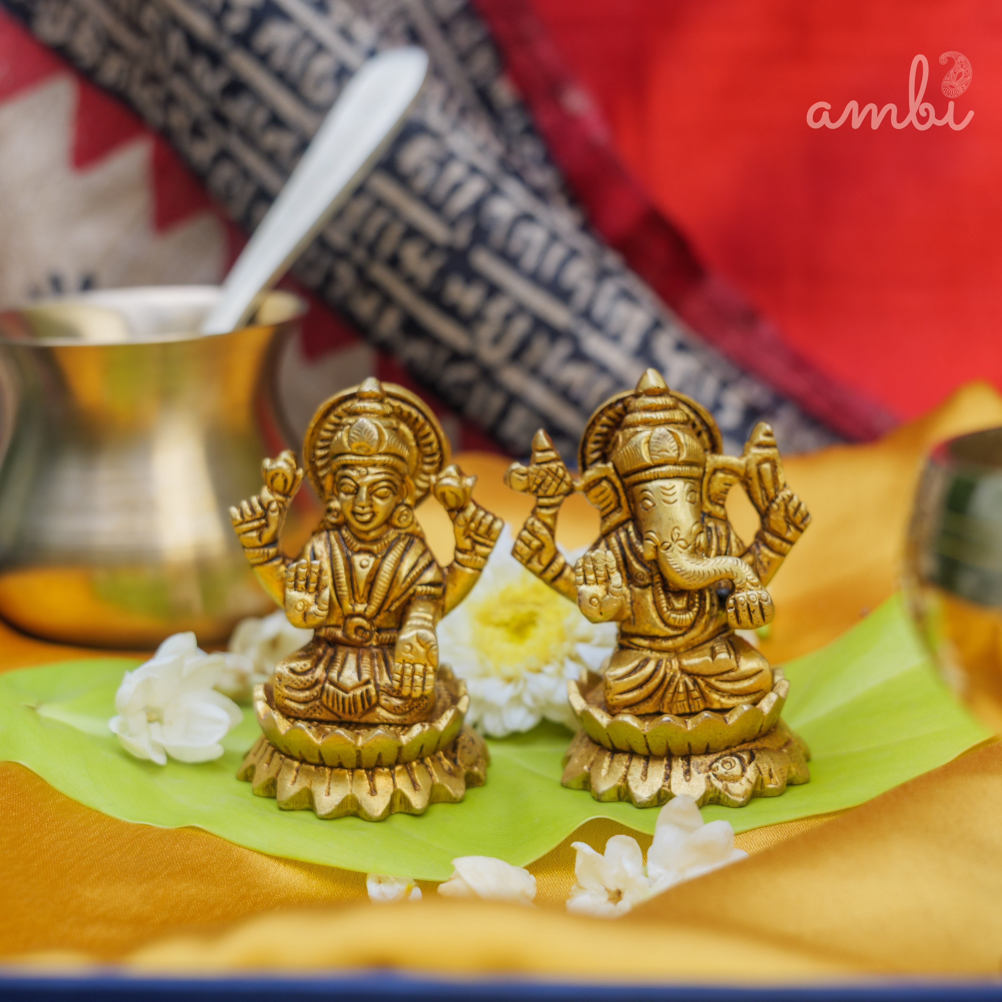 Pure Brass Lakshmi and Ganesha Idols - 3 inch height