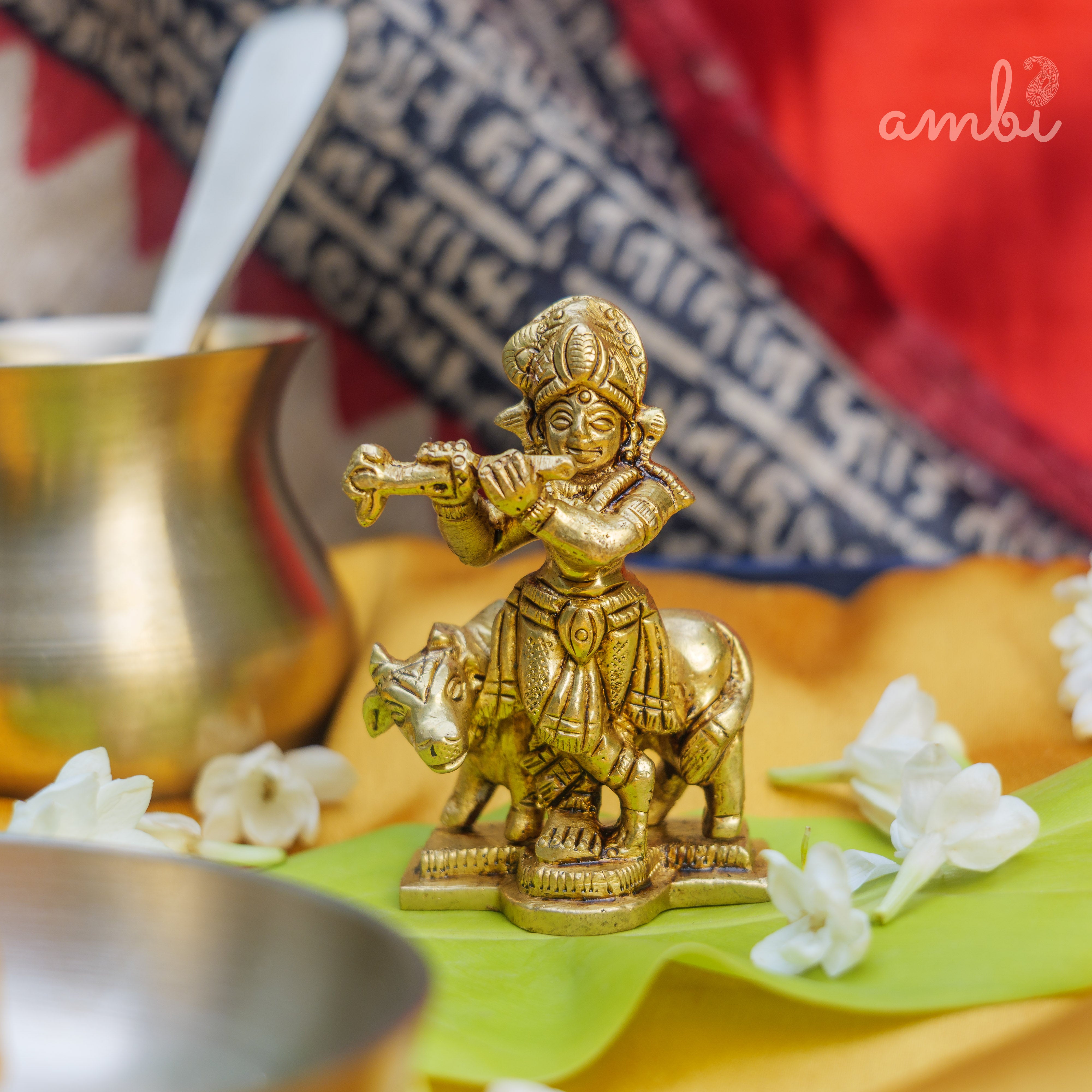 Pure Brass Lord Krishna Idol with Nandi - 2.75 inch height