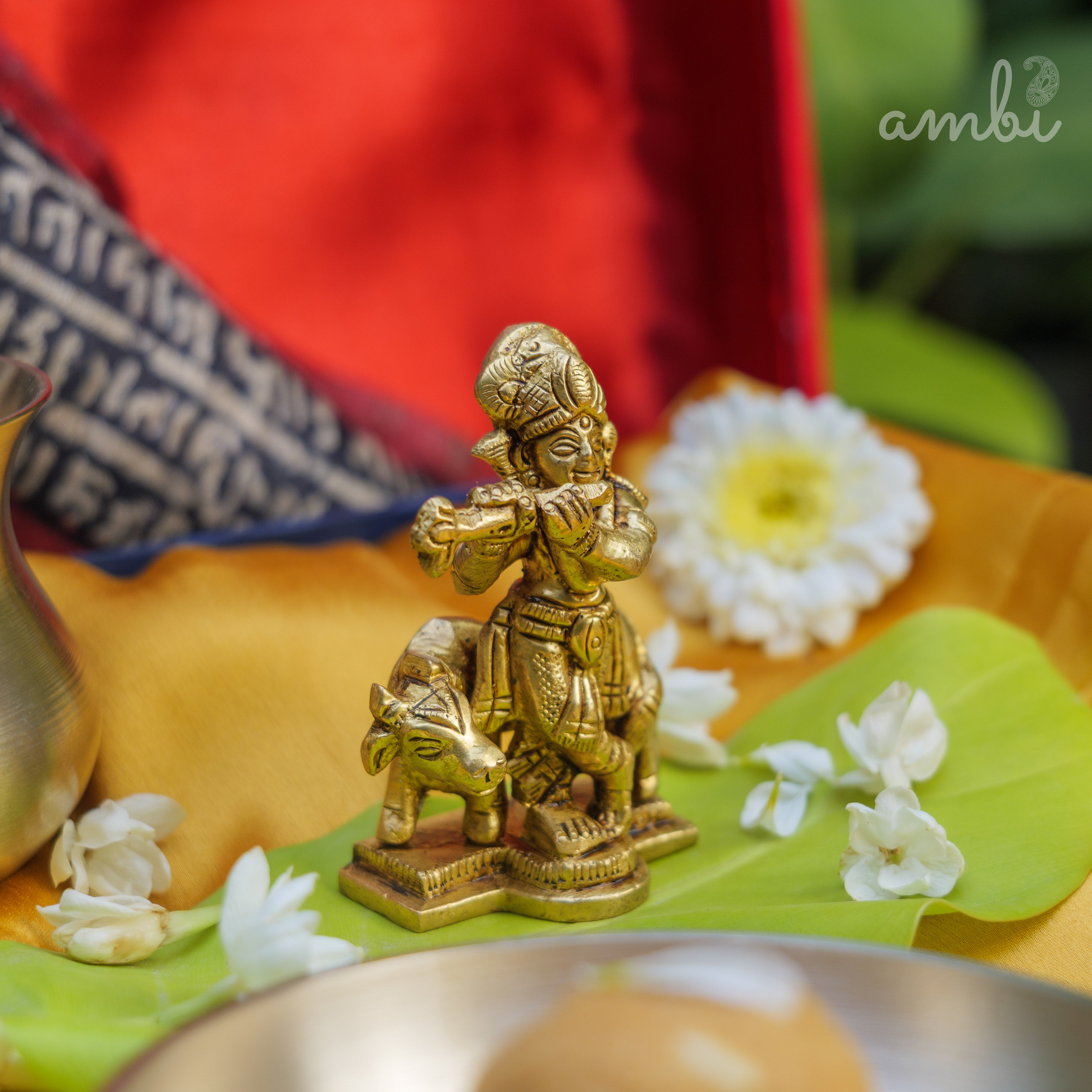 Pure Brass Lord Krishna Idol with Nandi - 2.75 inch height