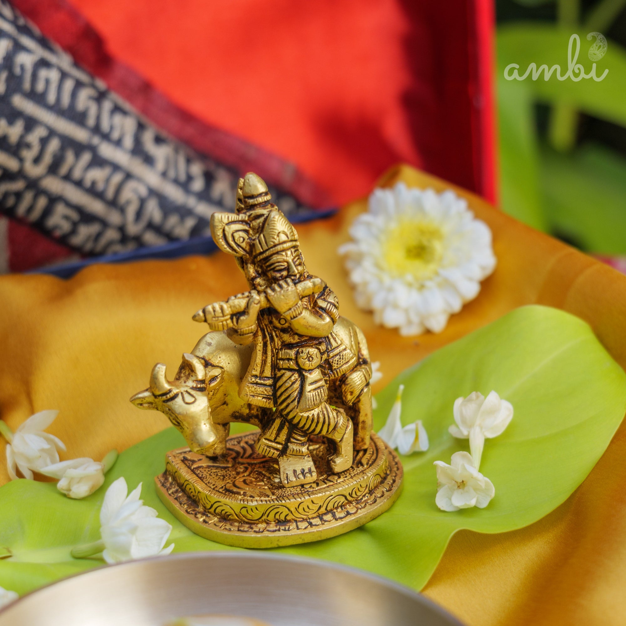 Pure Brass Lord Krishna Idol with Nandi - 3.5 inch height