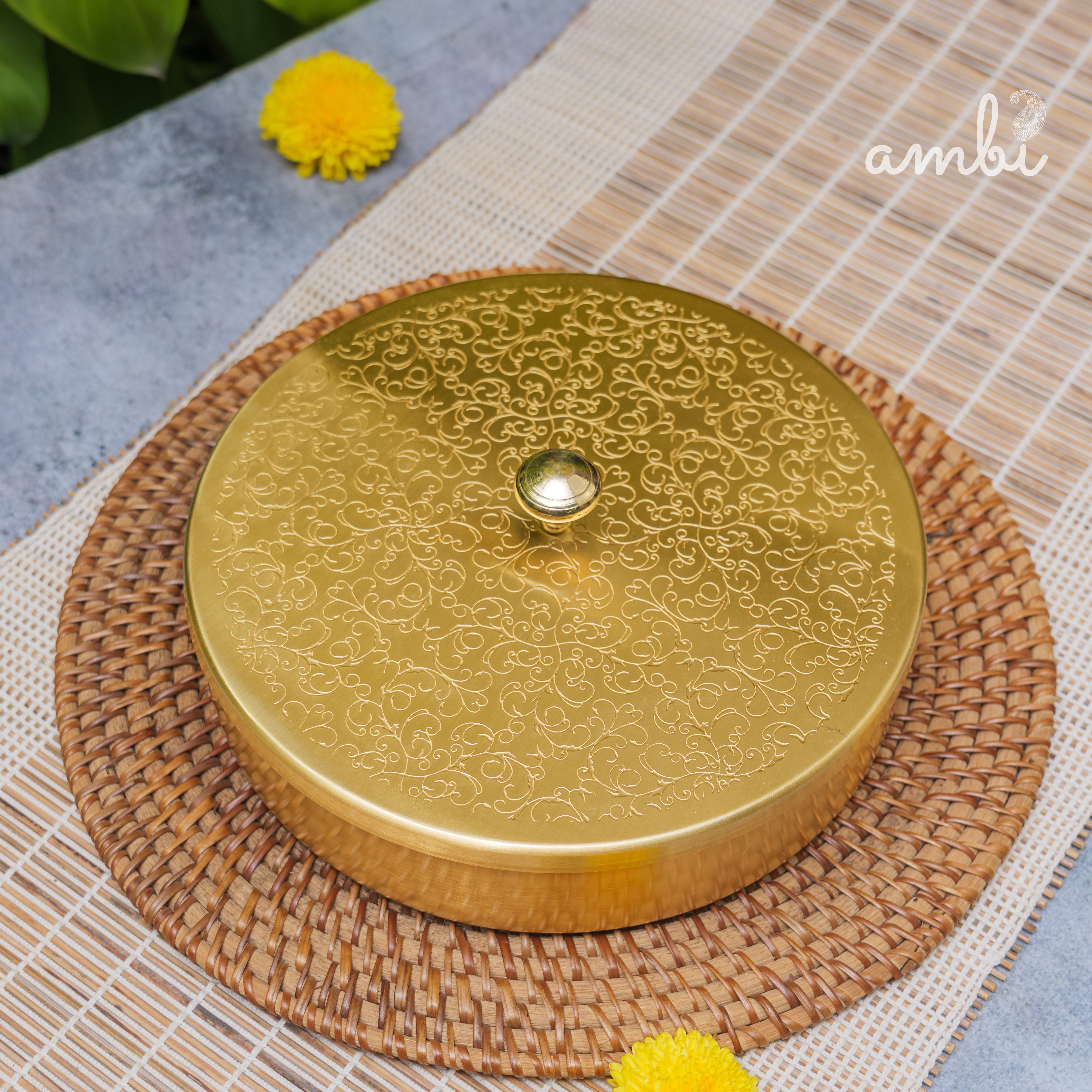 Brass Spice Box Masala Daani with Inlay Work with 7 Containers - Heavy Make