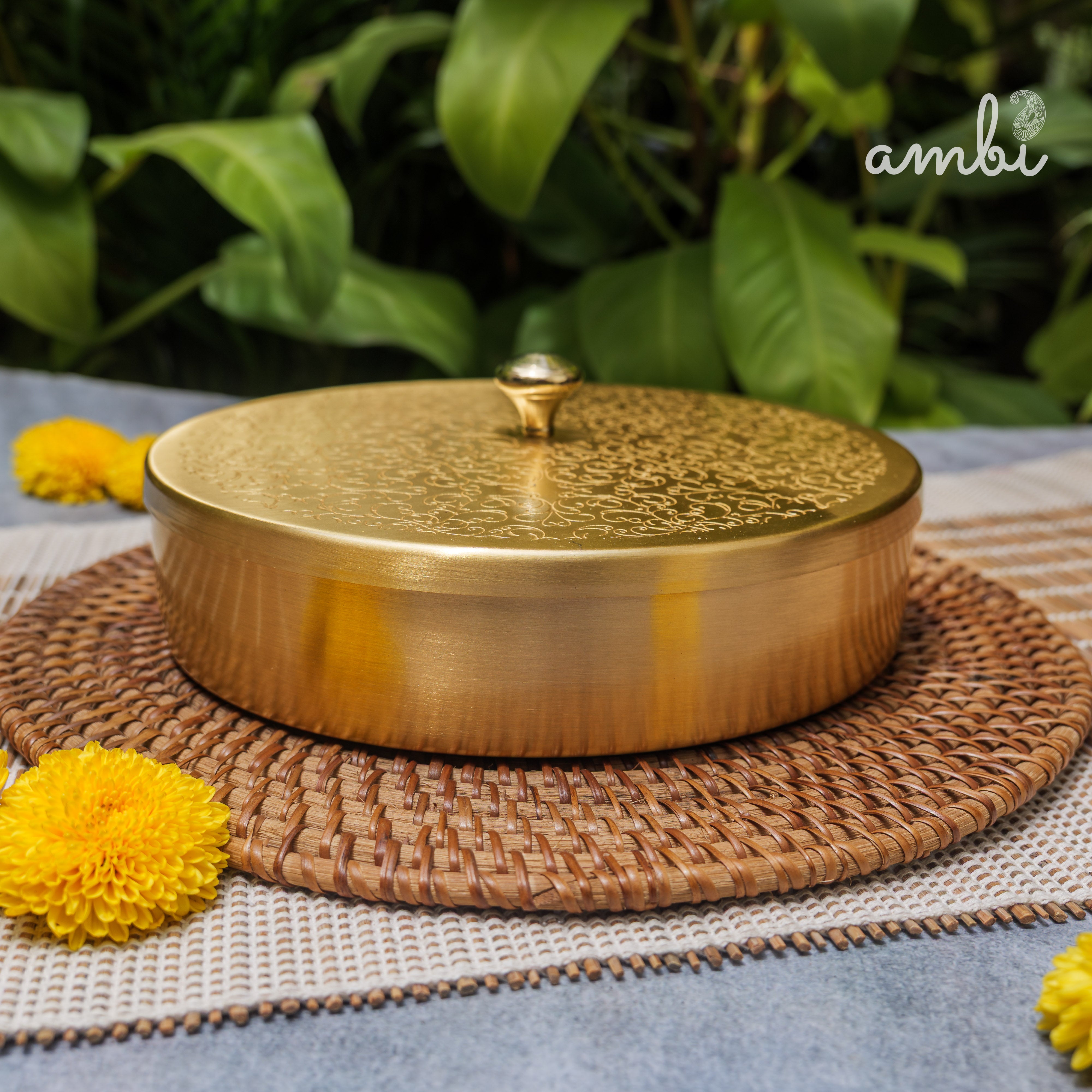 Brass Spice Box Masala Daani with Inlay Work with 7 Containers - Heavy Make
