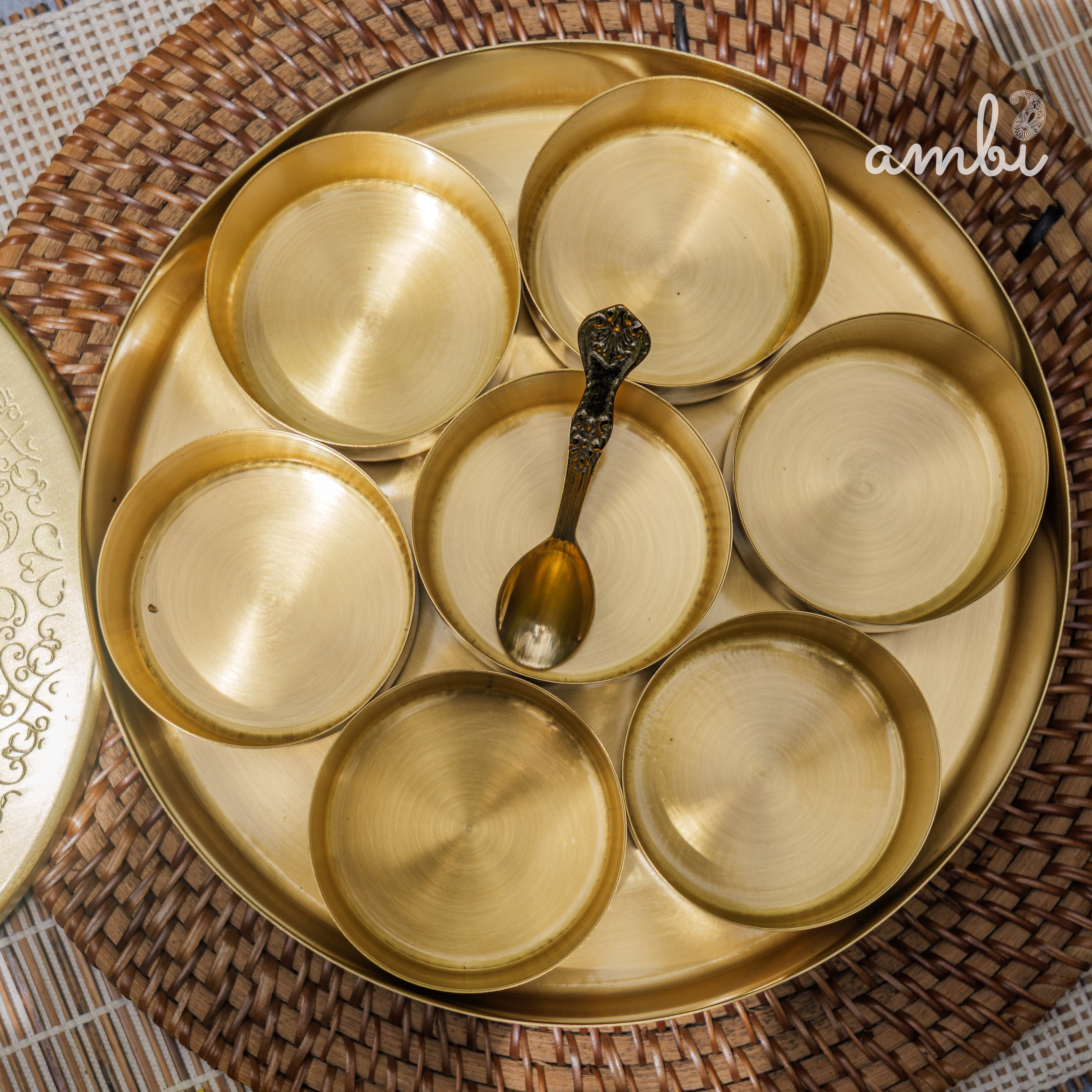Brass Spice Box Masala Daani with Inlay Work with 7 Containers - Heavy Make