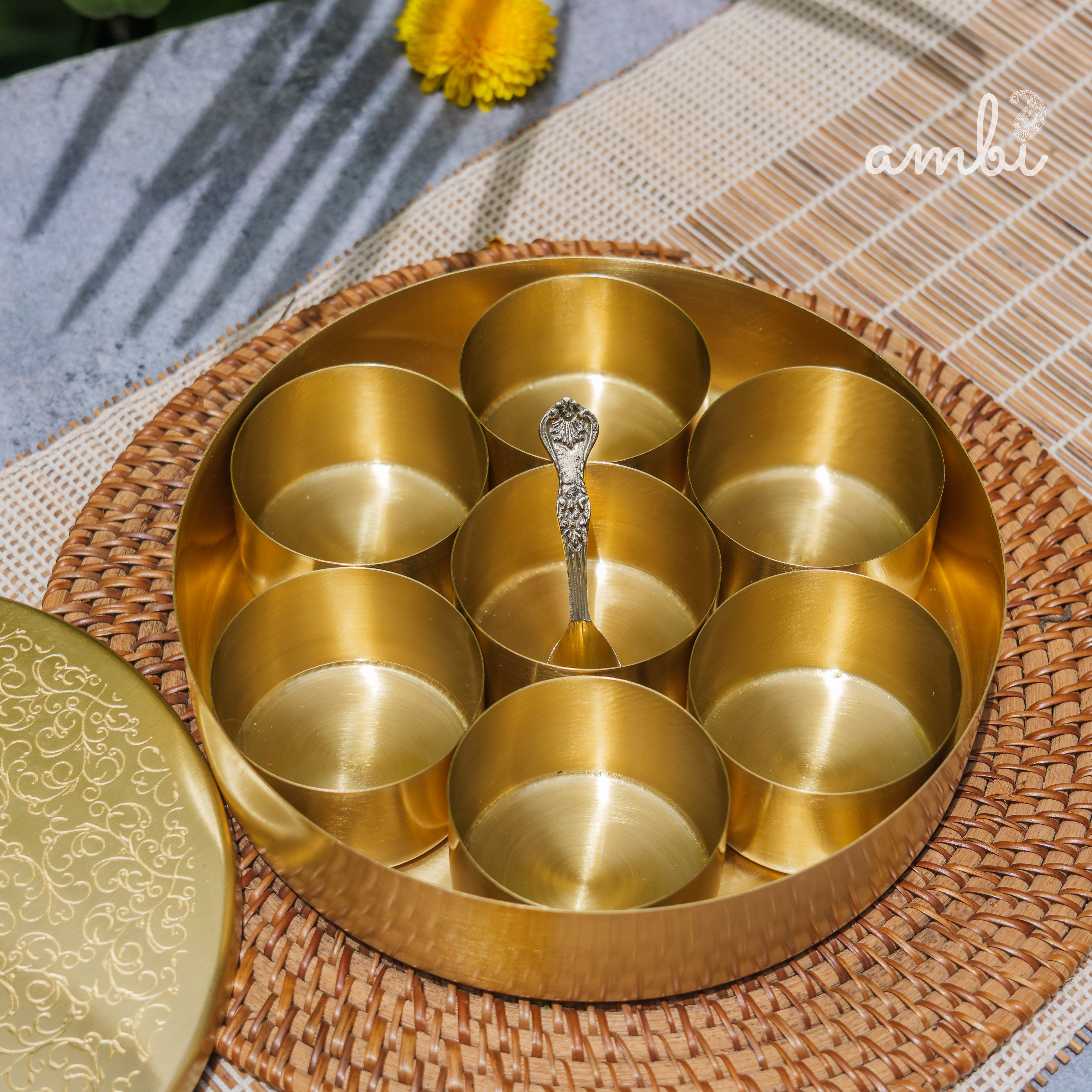 Brass Spice Box Masala Daani with Inlay Work with 7 Containers - Heavy Make