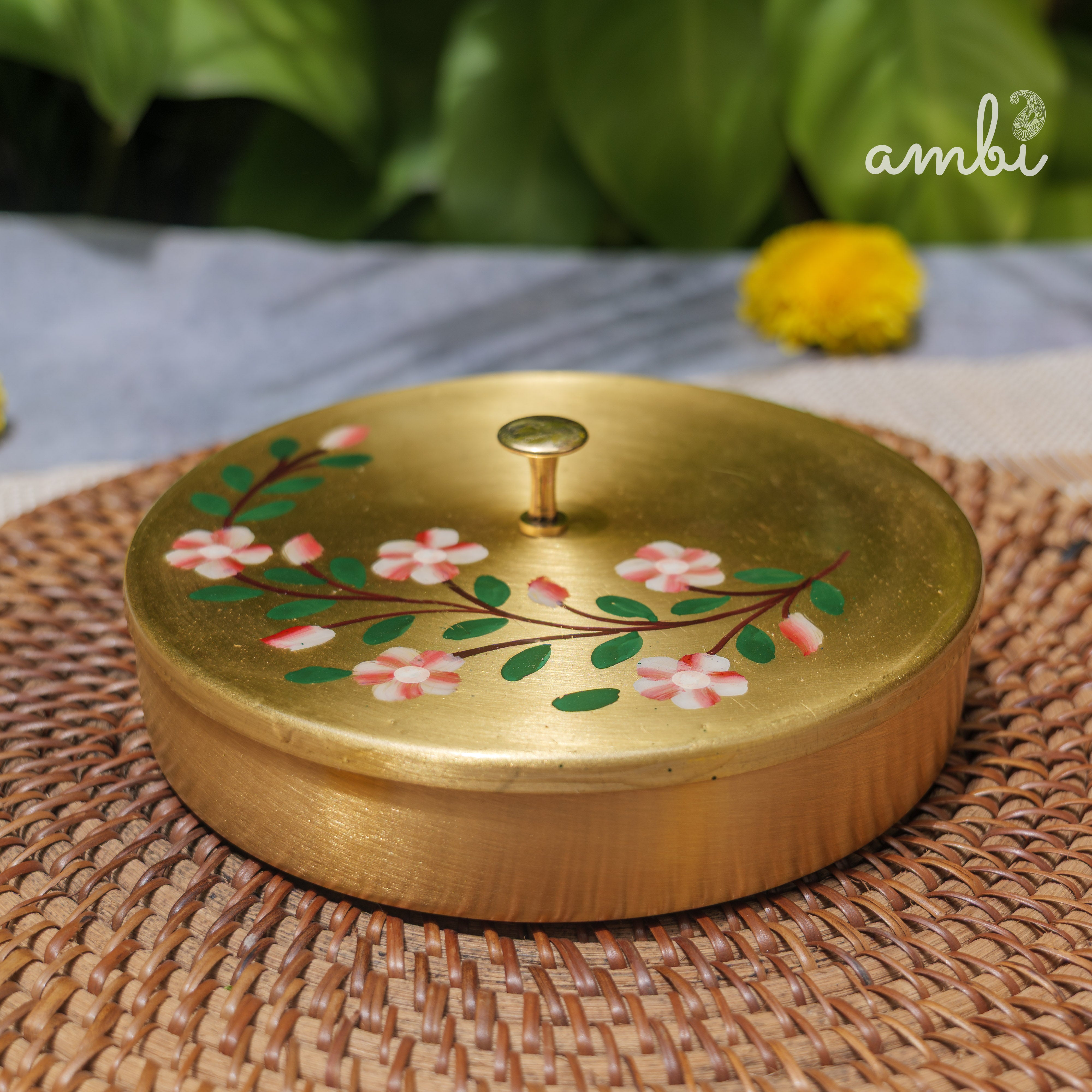 Hand Painted - Pure Brass Floral Storage Box / Cookie Box  / Jewellery / Trinket - 6 inches Diameter - Floral Design