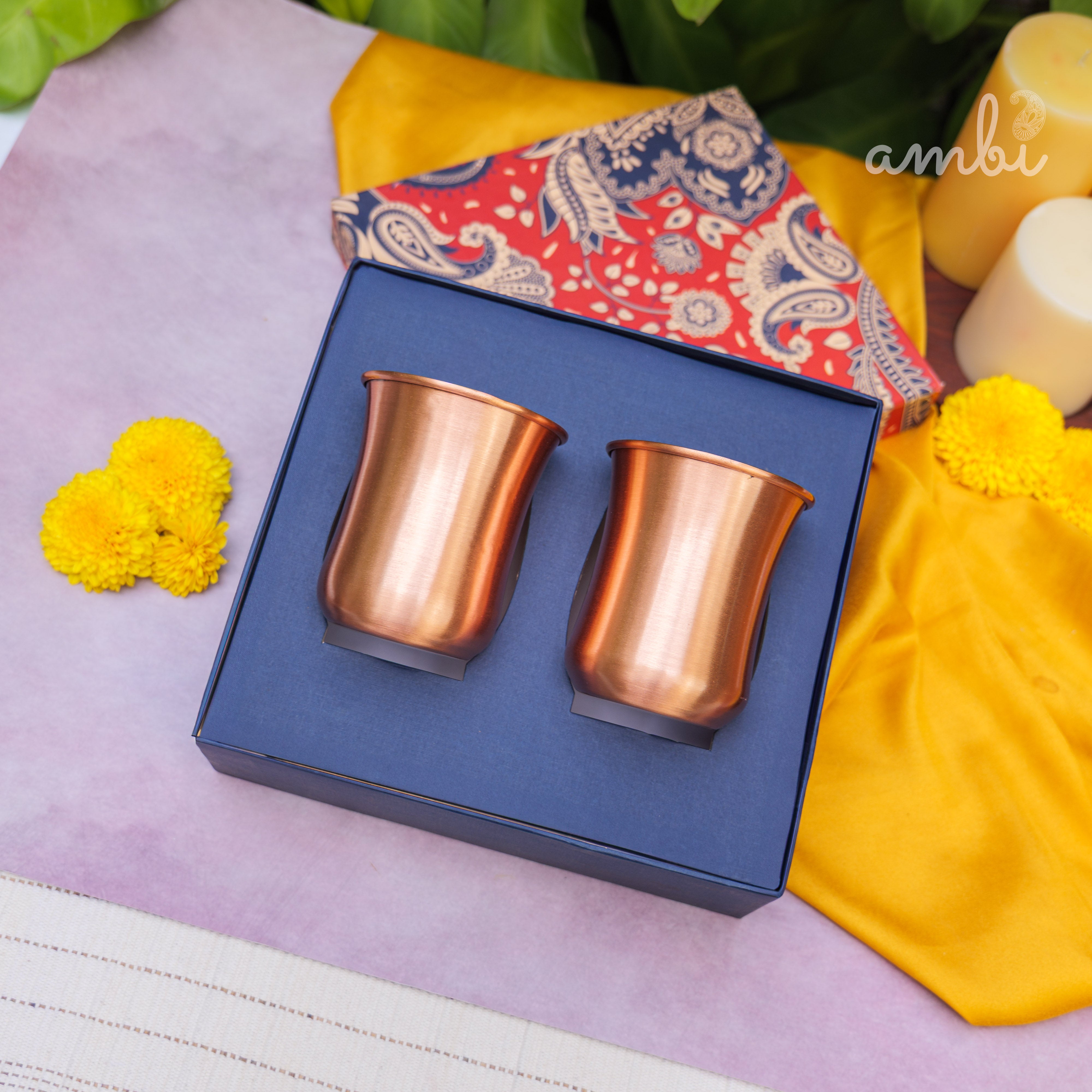 Ambi Gift Set of 100% Pure Copper Elegant Traditional Curve Glass Gift Set - Matt Finish - 300 ML