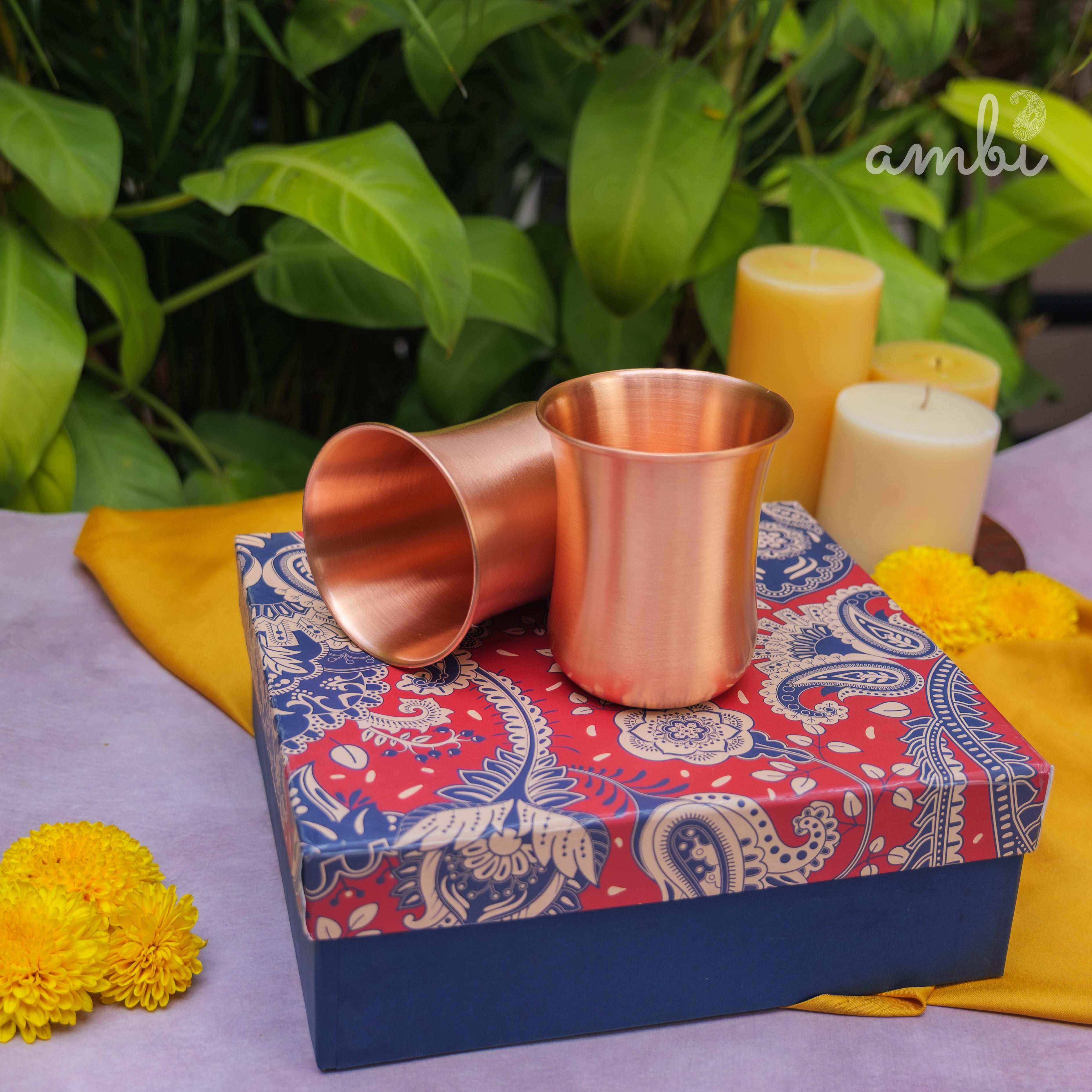 Ambi Gift Set of 100% Pure Copper Elegant Traditional Curve Glass Gift Set - Matt Finish - 300 ML