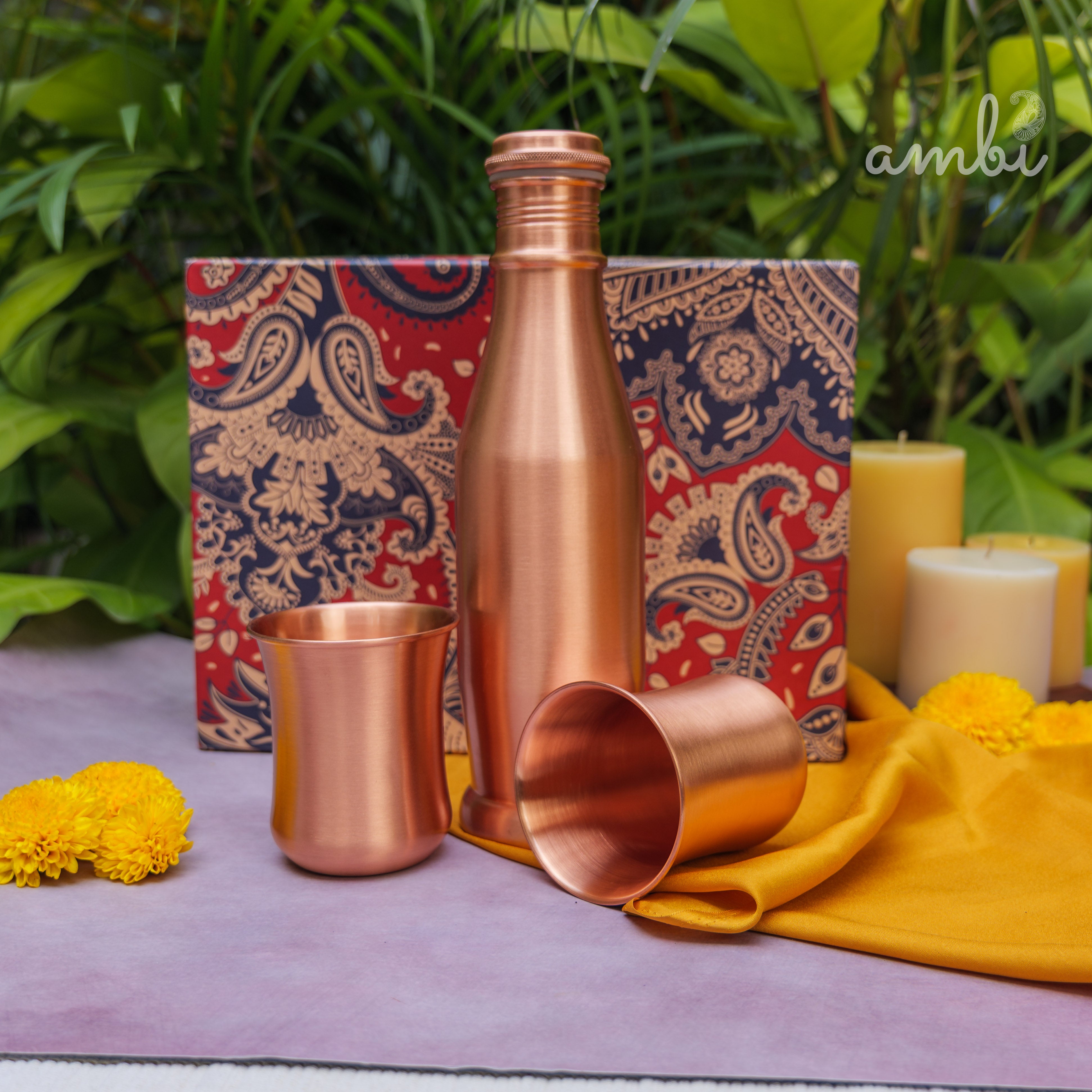 Ambi Pure Copper Bottle & Glass Set with Gift Box – Traditional Elegance (1 Bottle + 2 Glasses)