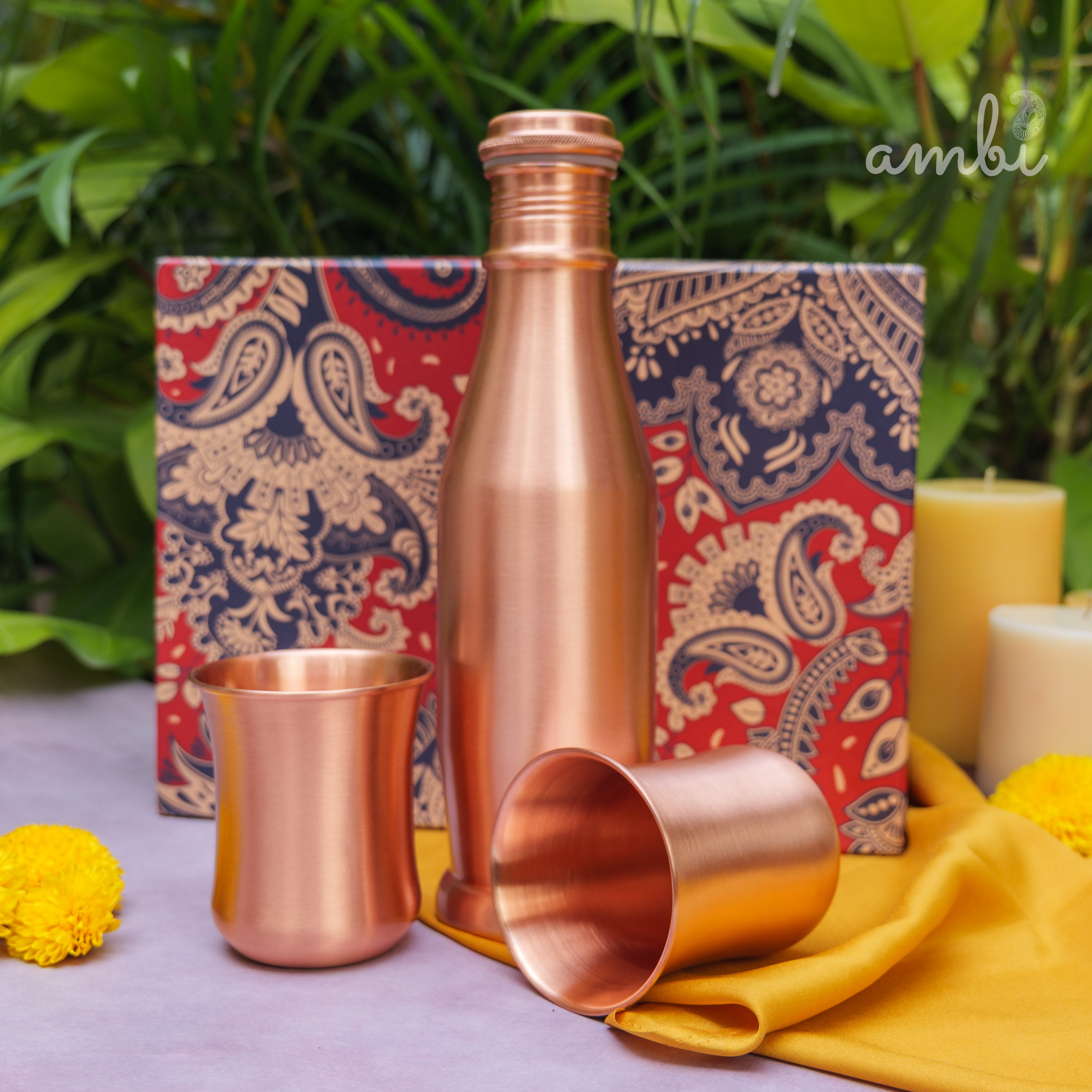 Ambi Pure Copper Bottle & Glass Set with Gift Box – Traditional Elegance (1 Bottle + 2 Glasses)