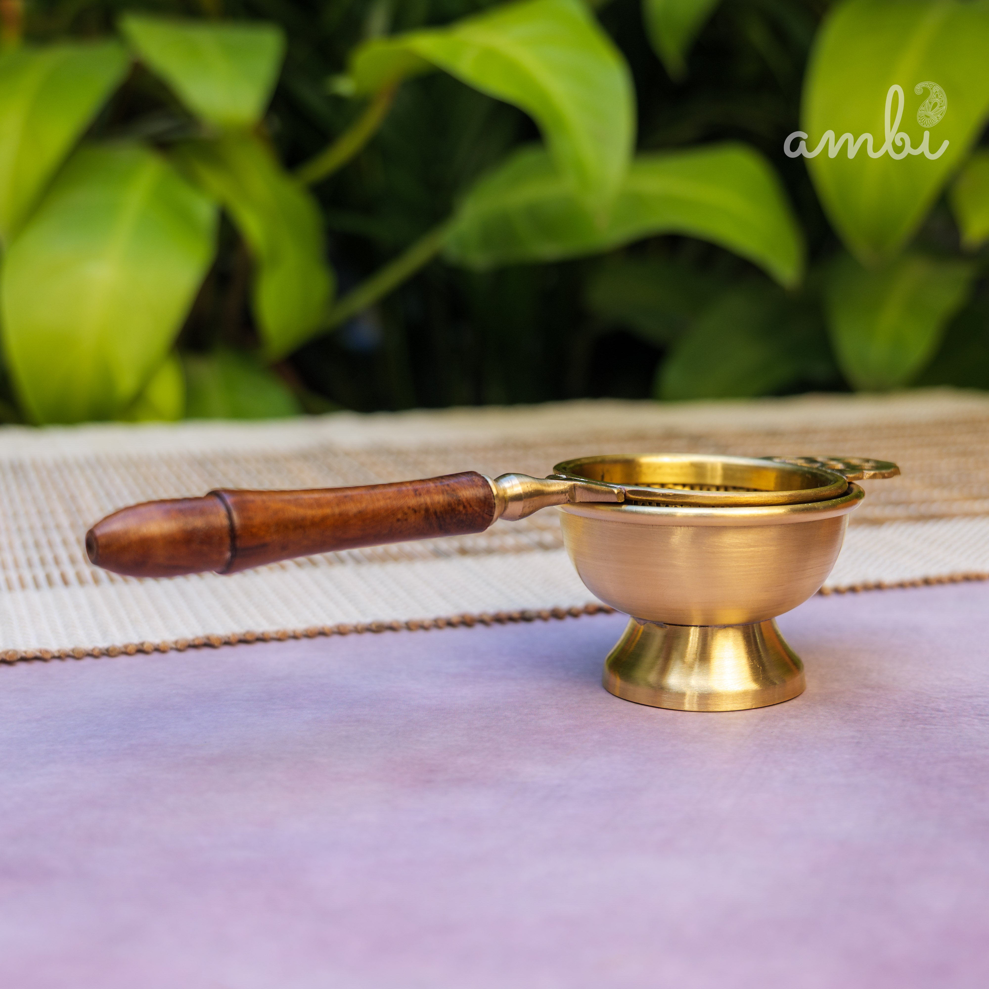 Matte Finish Brass Medium Sized Tea Strainer 2 Piece Set With Wooden Holder