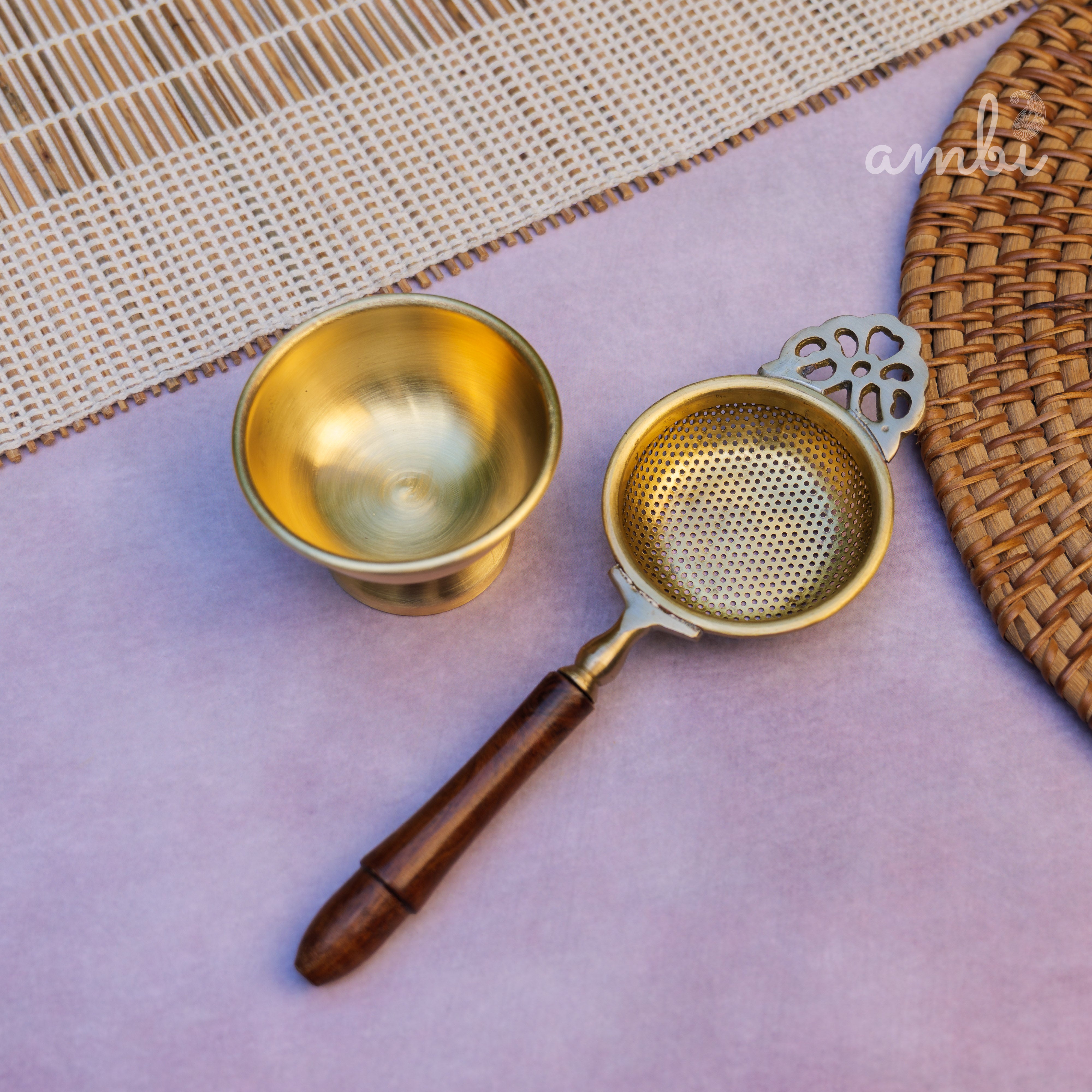 Matte Finish Brass Medium Sized Tea Strainer 2 Piece Set With Wooden Holder