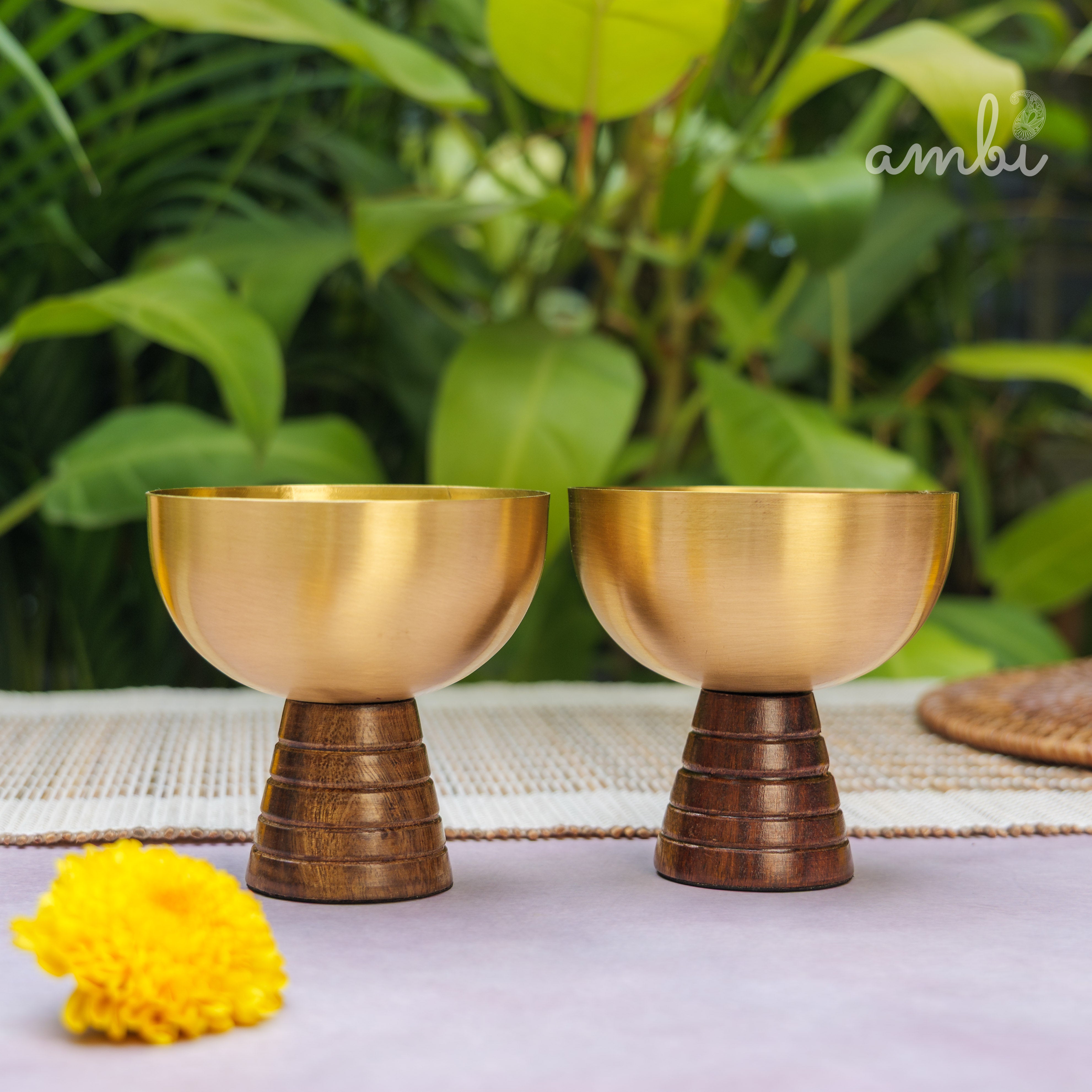 Hemispherical Brass Dessert Bowl on Modern Wooden Pedestal - Set of 2