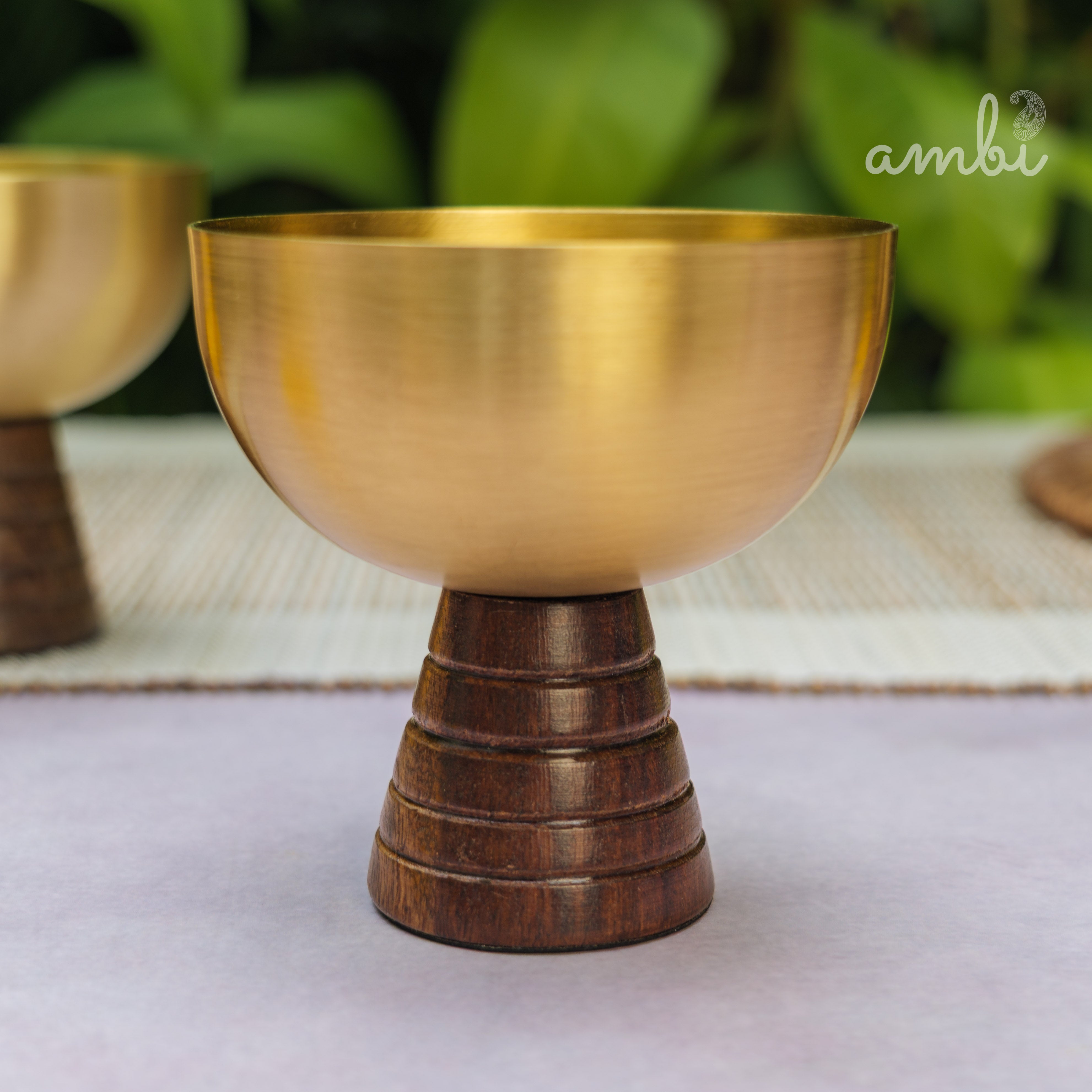 Hemispherical Brass Dessert Bowl on Modern Wooden Pedestal - Set of 2