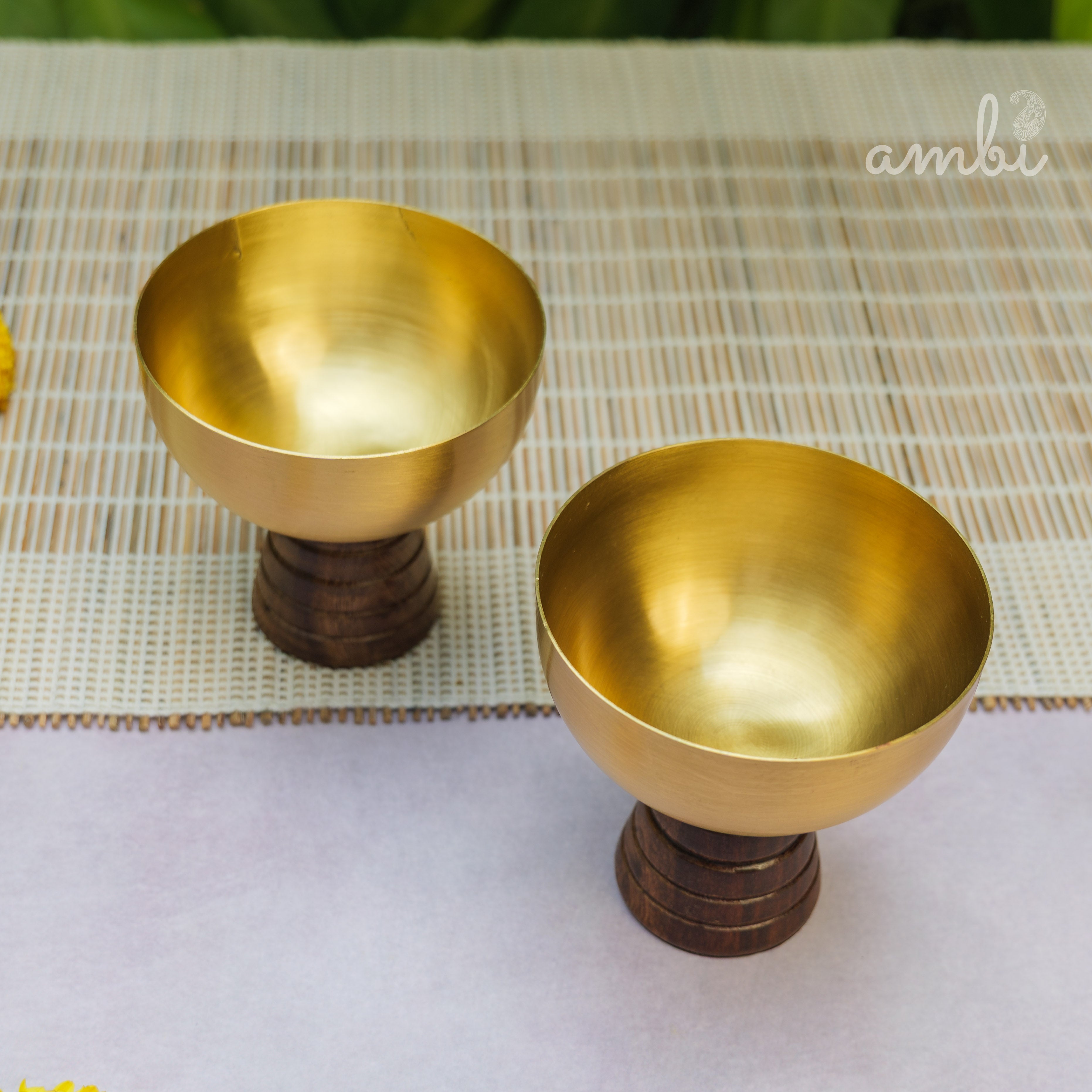 Hemispherical Brass Dessert Bowl on Modern Wooden Pedestal - Set of 2
