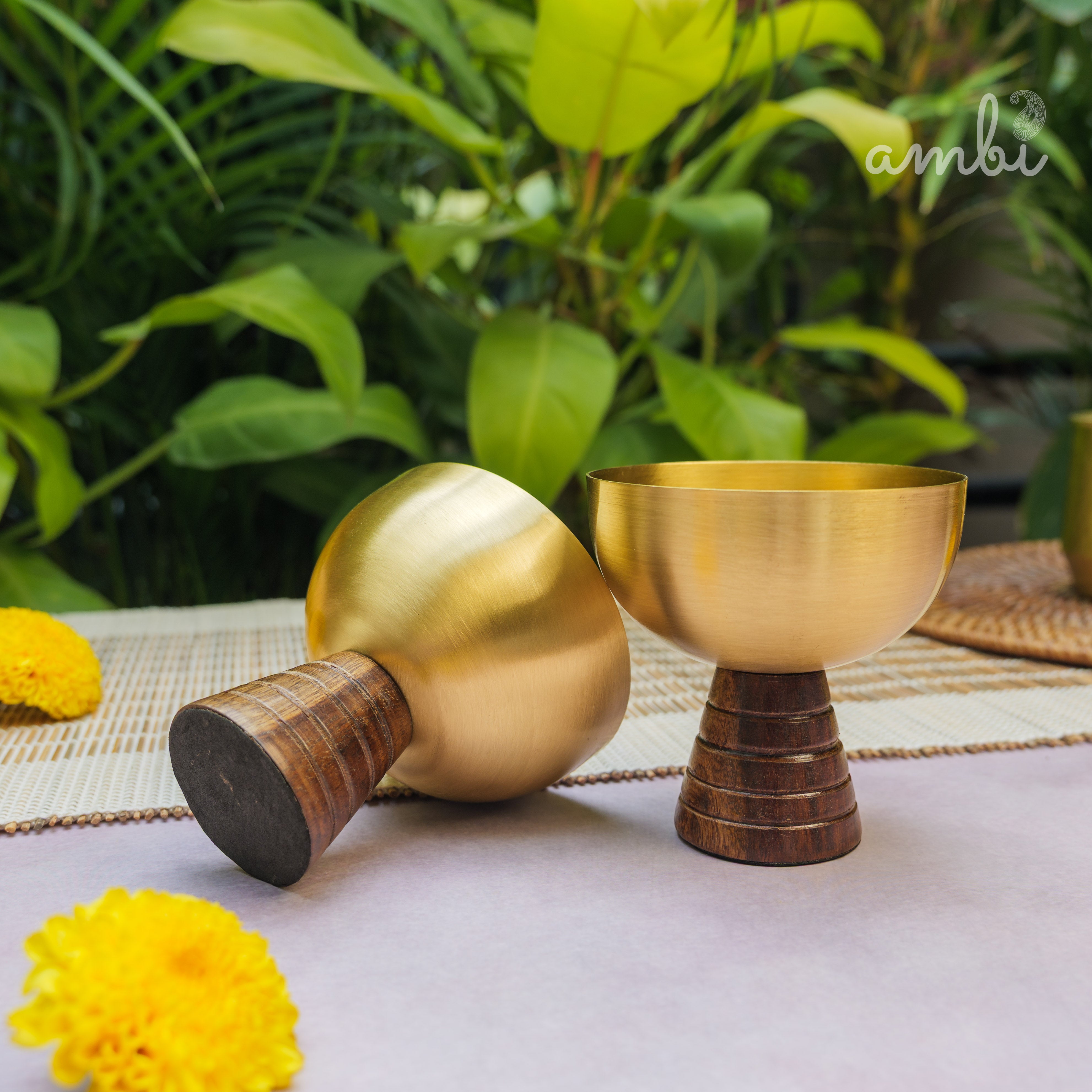 Hemispherical Brass Dessert Bowl on Modern Wooden Pedestal - Set of 2