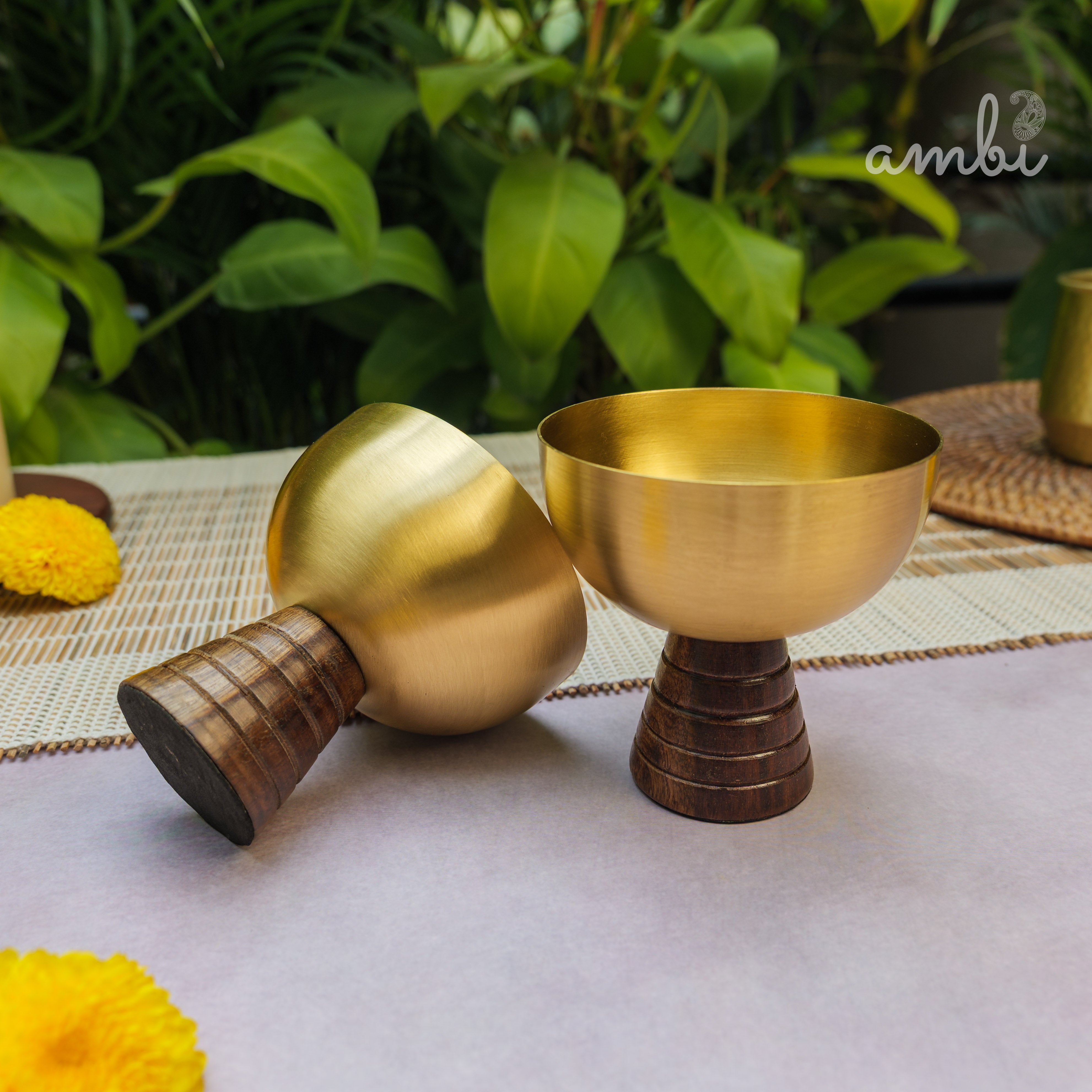 Hemispherical Brass Dessert Bowl on Modern Wooden Pedestal - Set of 2