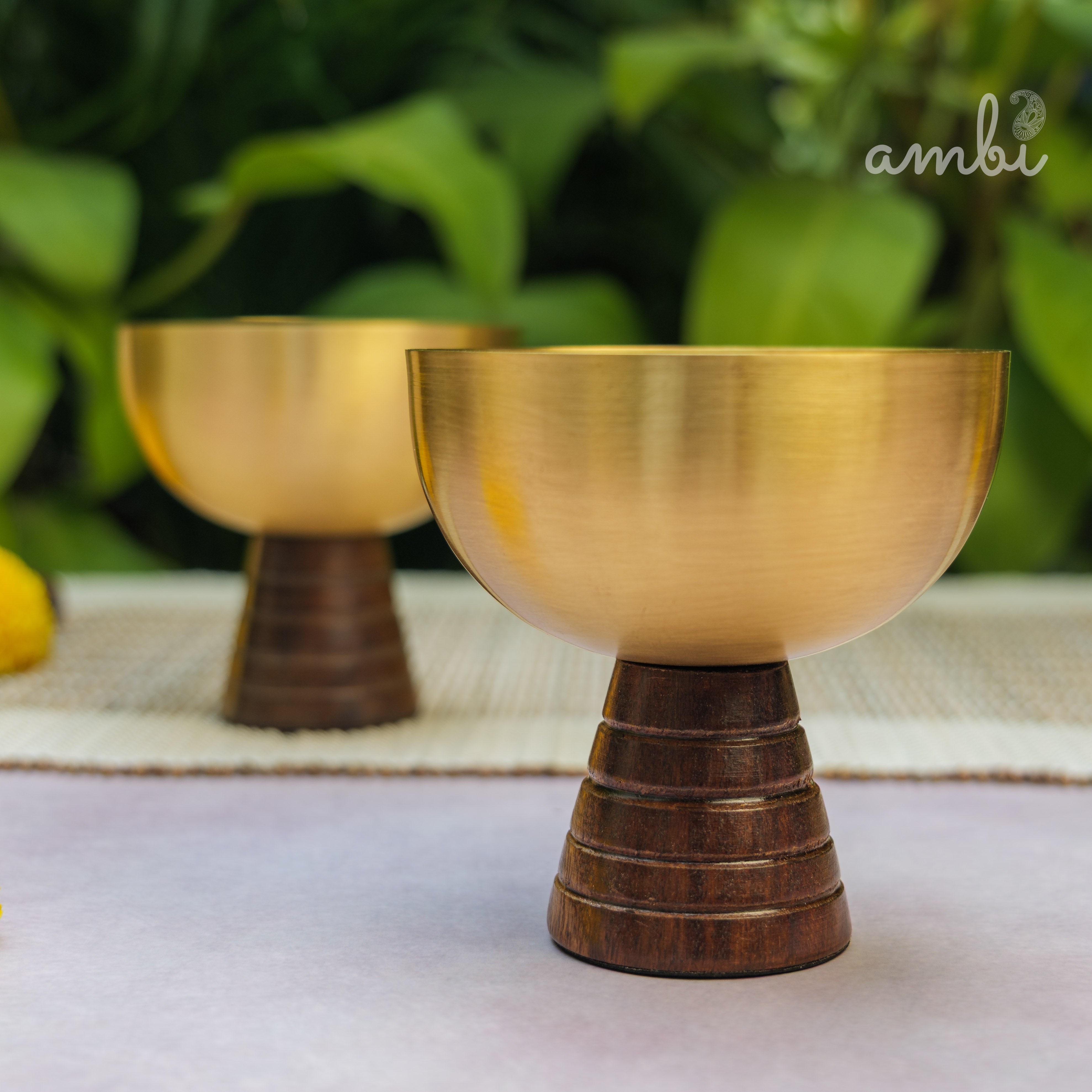 Hemispherical Brass Dessert Bowl on Modern Wooden Pedestal - Set of 2