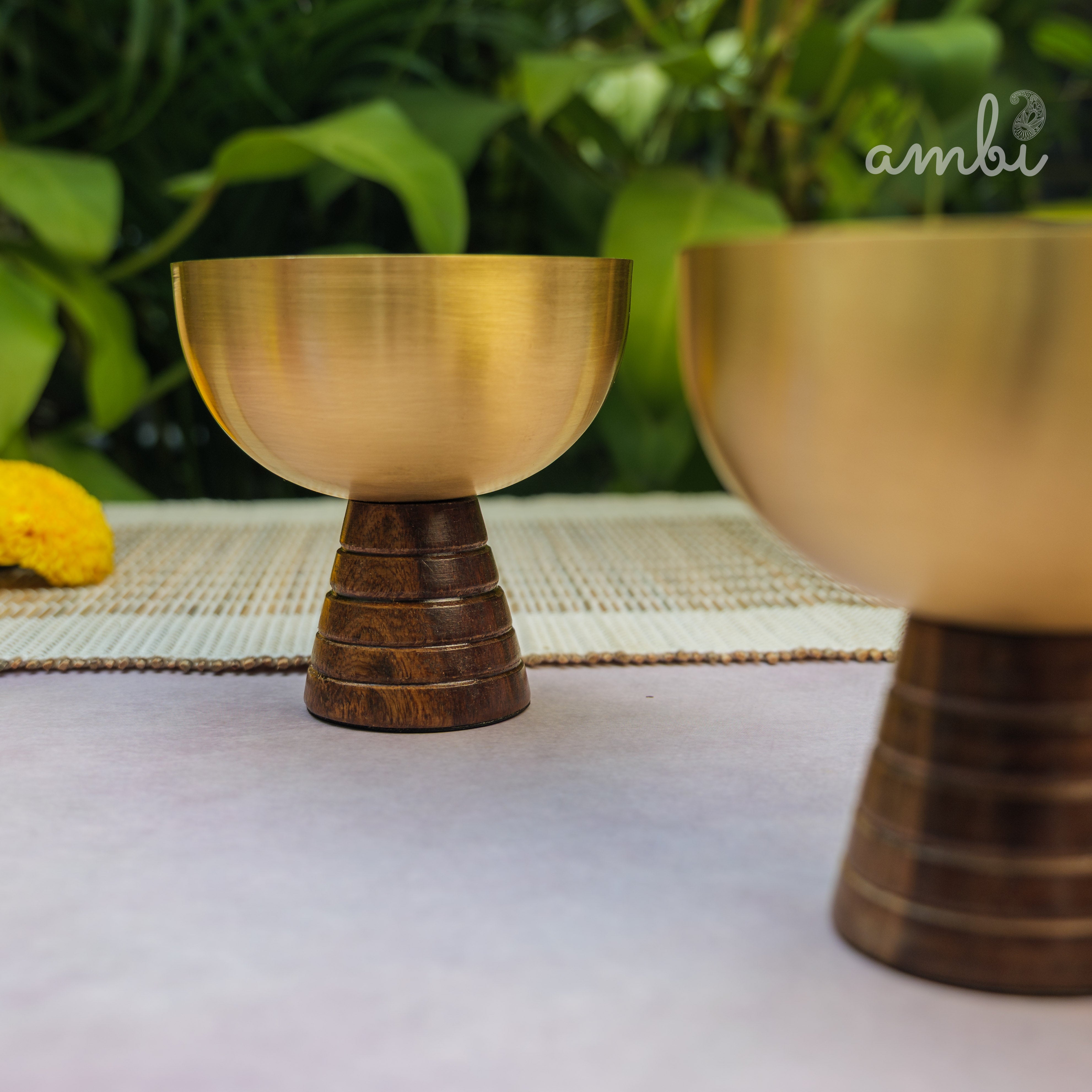 Hemispherical Brass Dessert Bowl on Modern Wooden Pedestal - Set of 2