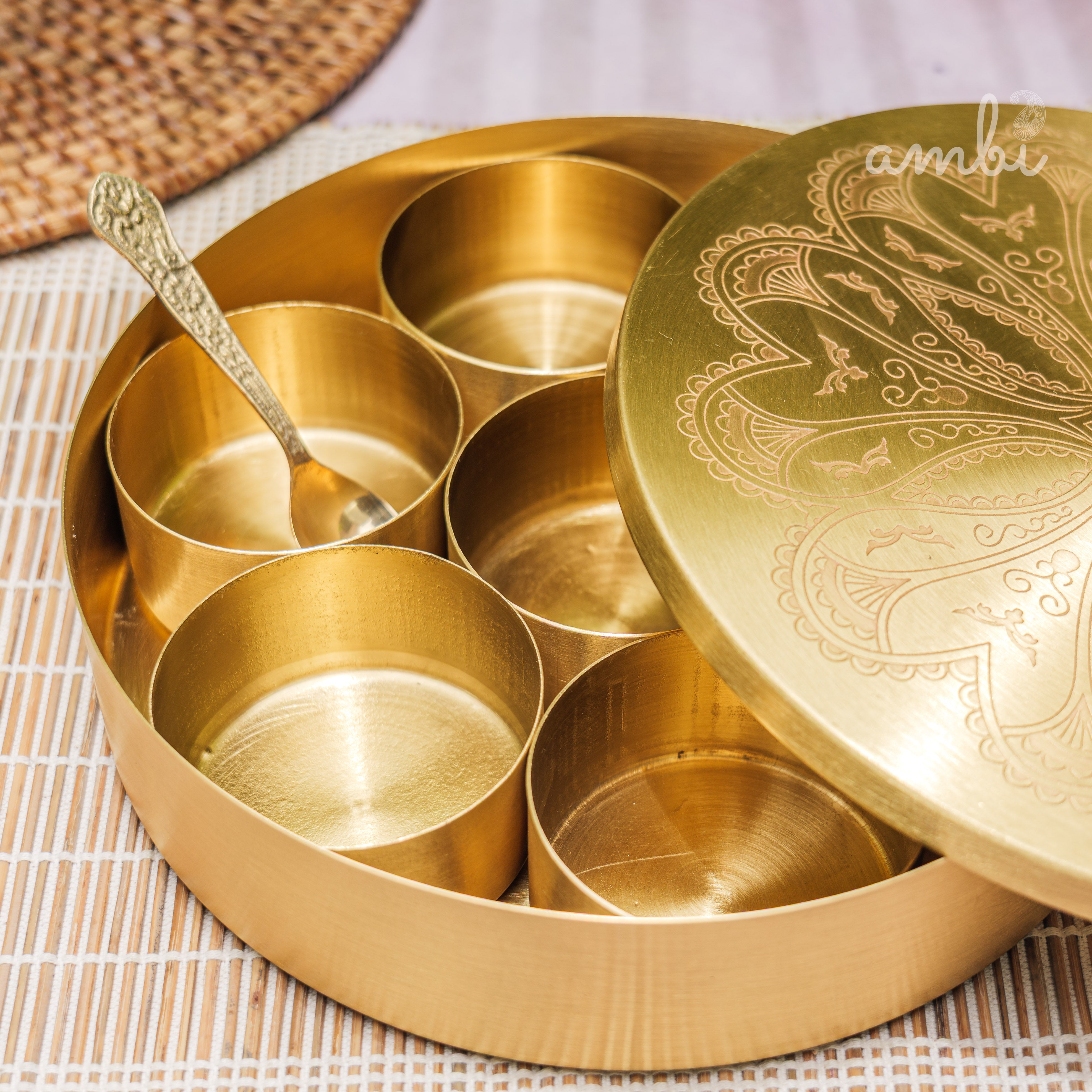 Ambi Pure Brass Finely Etched  Spice Chest Masala Daani - Heavy Make