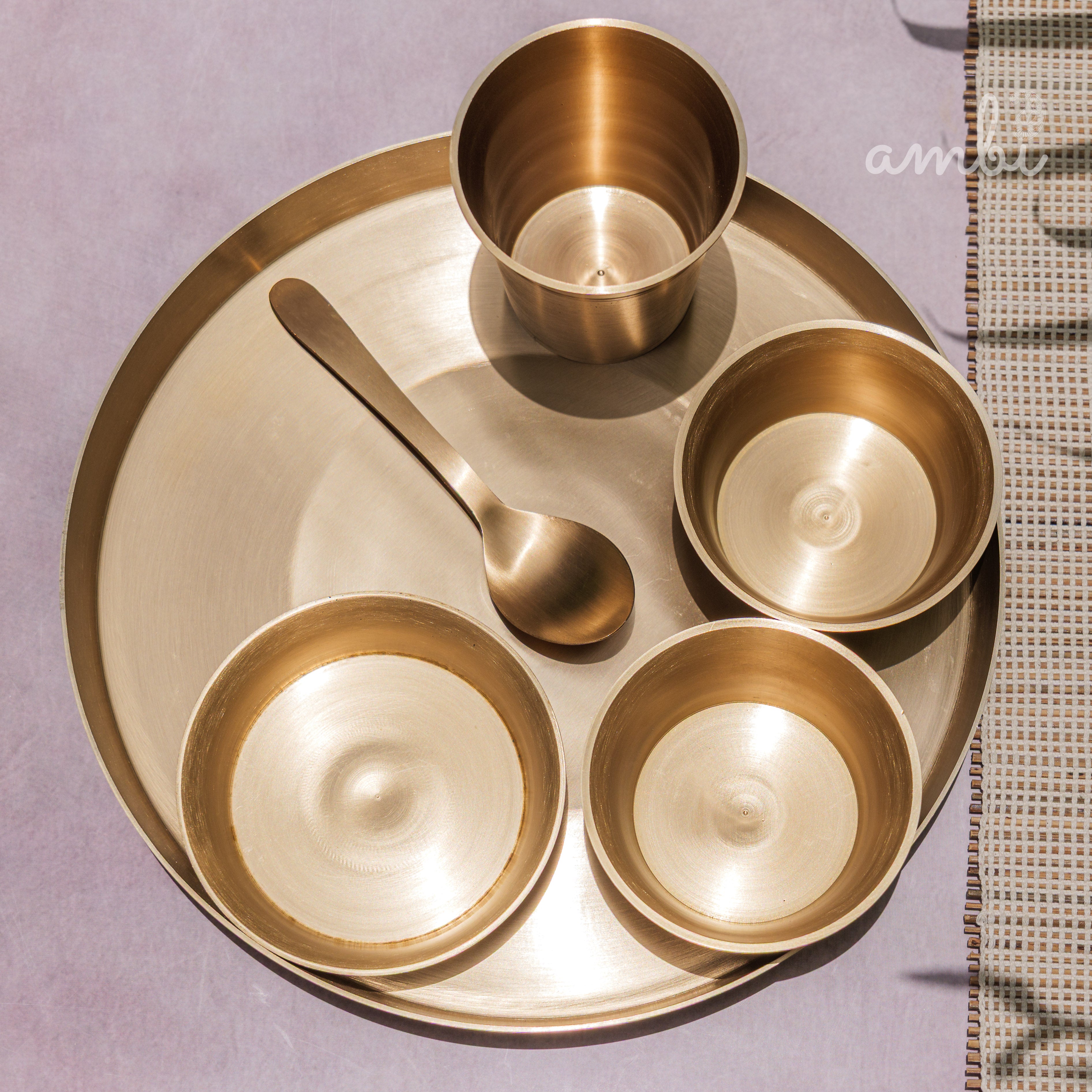 Ambi Pure 100% Lead Free Kansa Ethnic 'Fluid Grace' Thali Set of 6 Pieces -  Heavy Make, Stackable Space-Saving Design