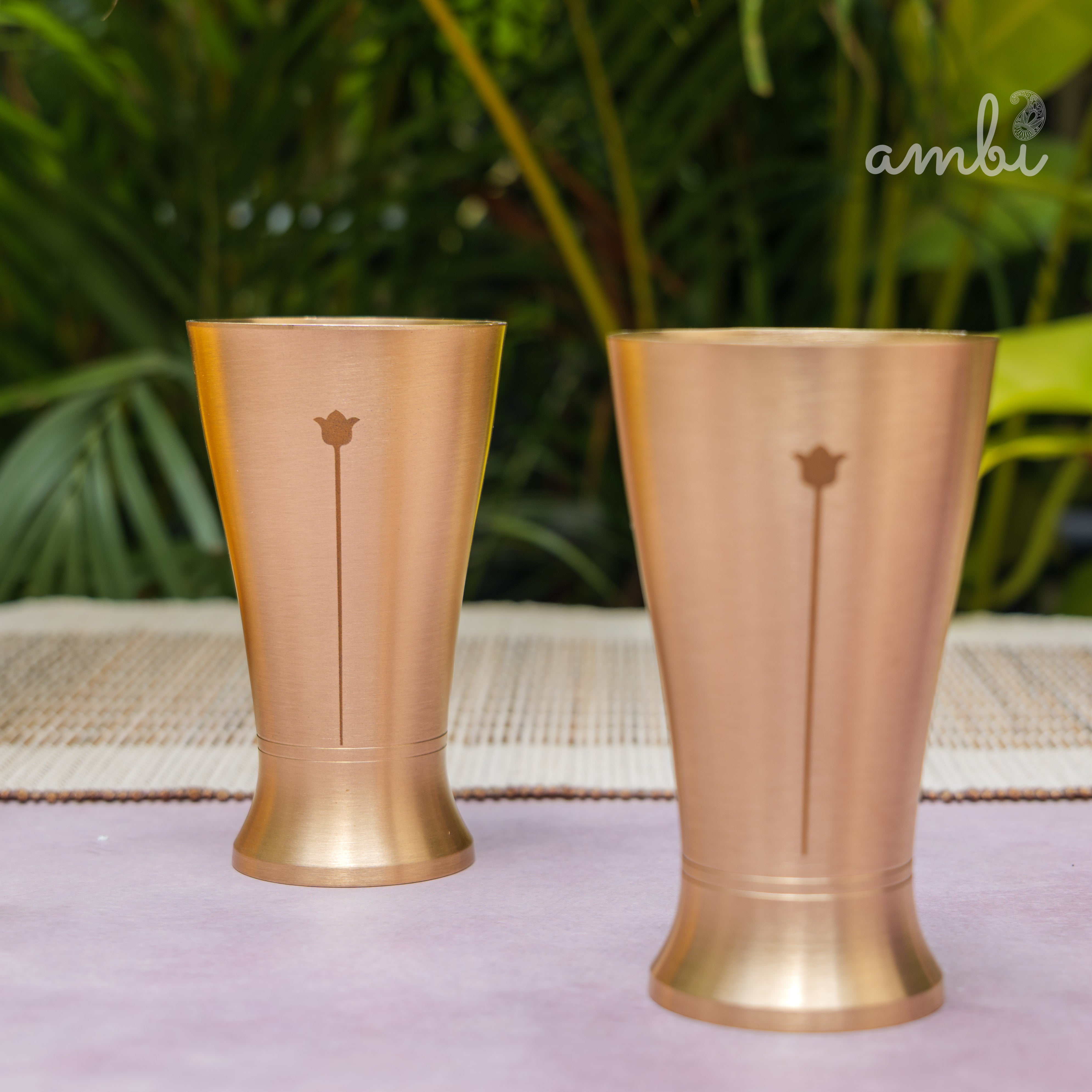 Ambi Gift Set of 2 Lead Free 100% Pure Kansa Glass with Etching - Rising Lotus