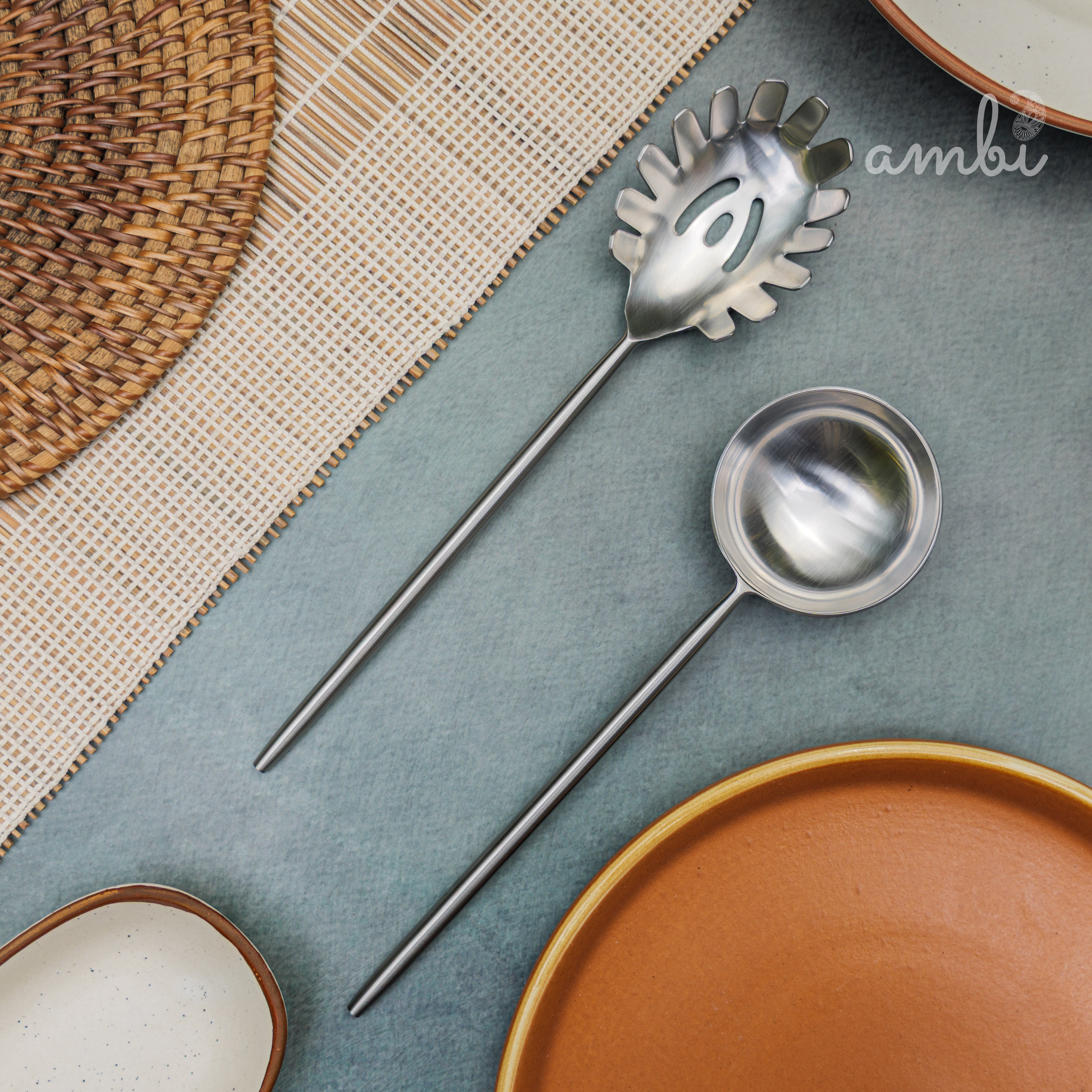 Pair of Exquisite Steel Ladle & Spaghetti Serving Spoon Set