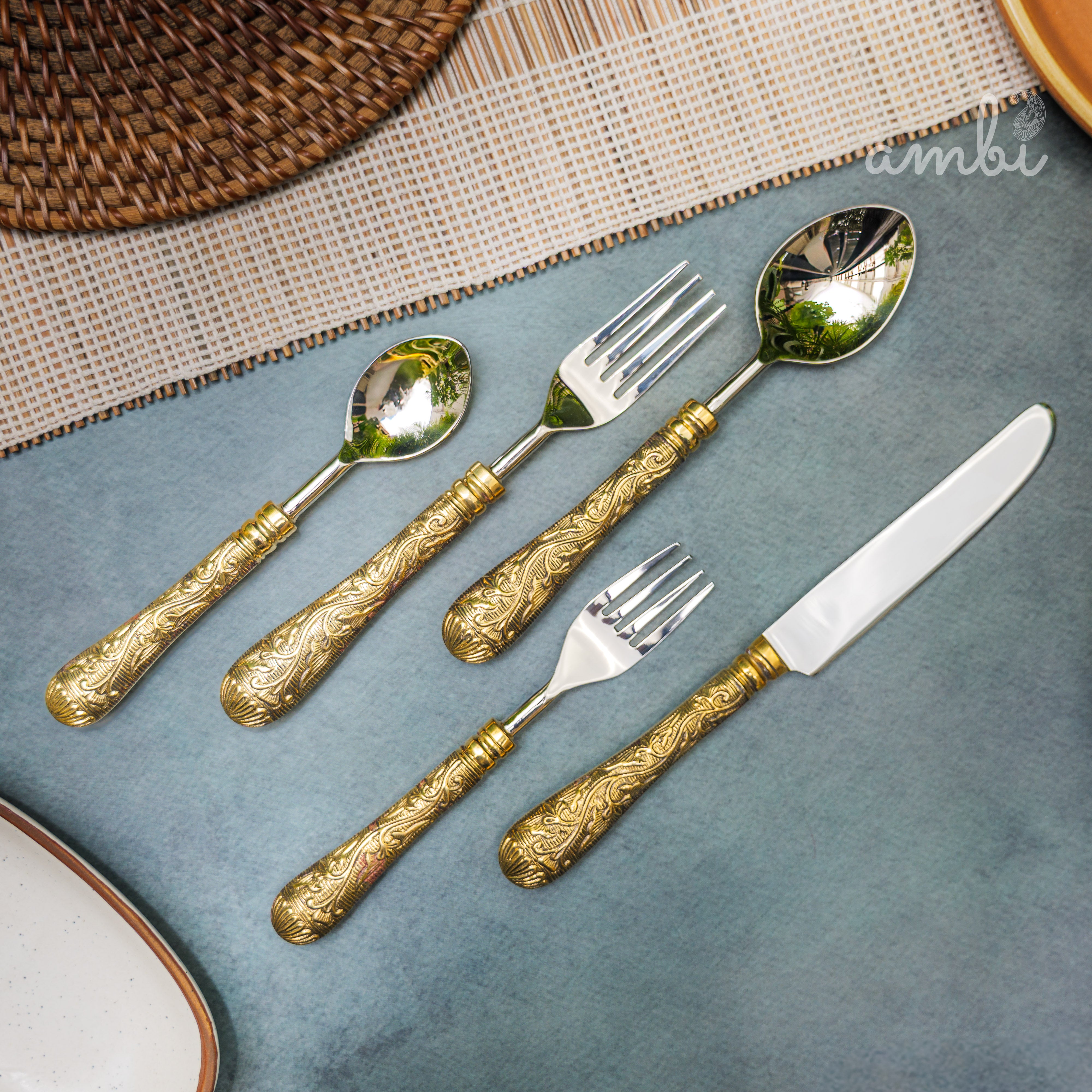 Handcrafted Heavy Steel Silver Cutlery Set of 5 - Golden Etched Handle