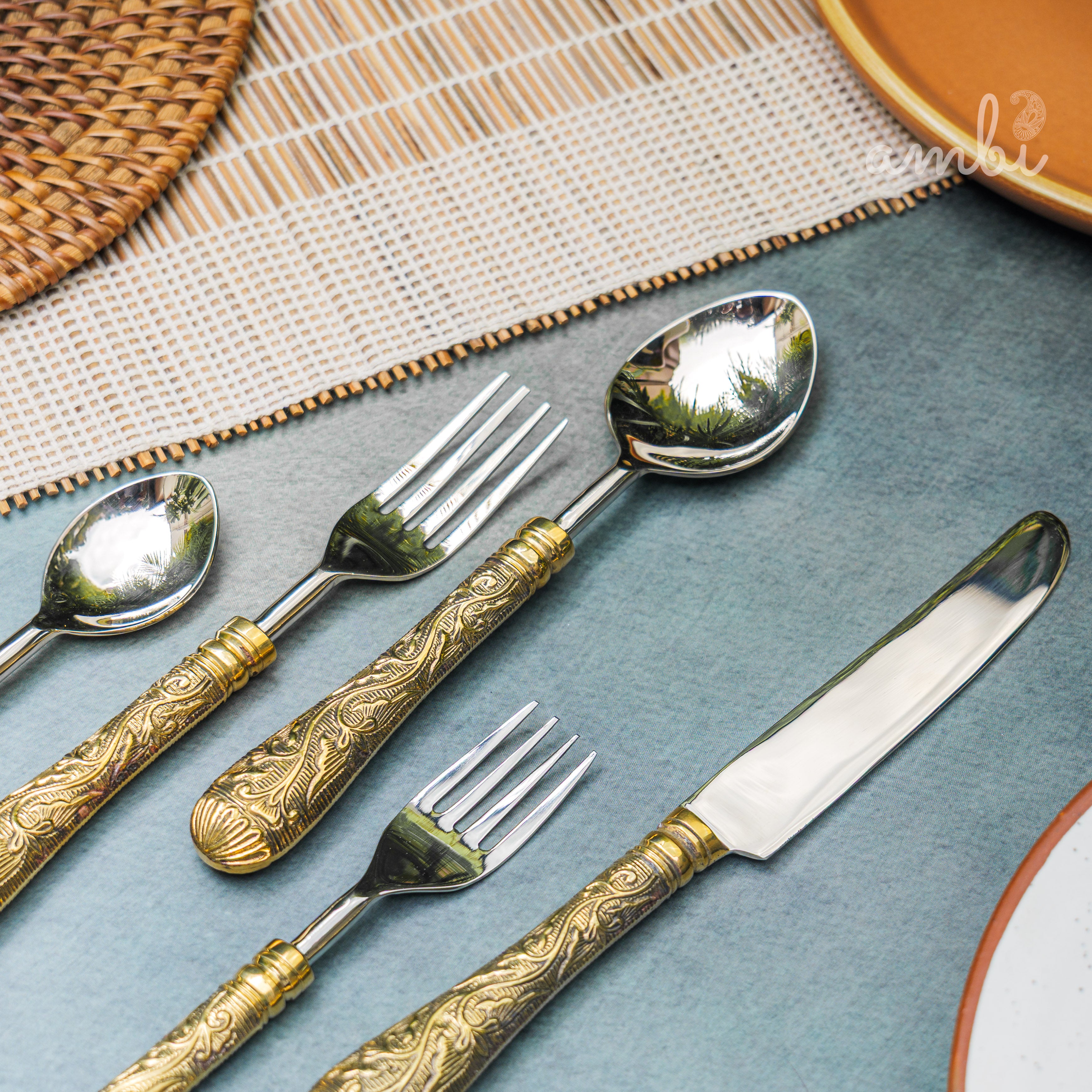 Handcrafted Heavy Steel Silver Cutlery Set of 5 - Golden Etched Handle