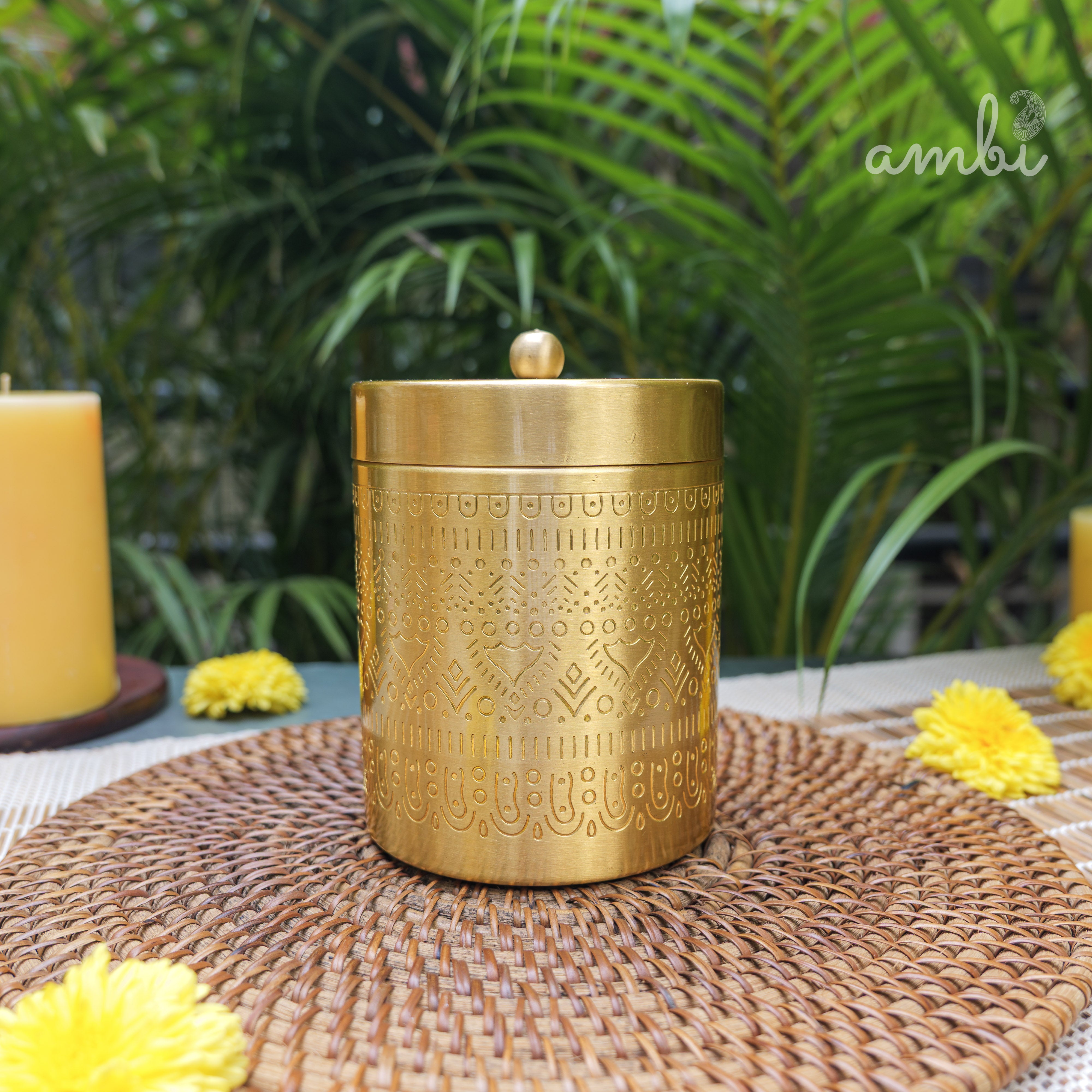 Ambi Pure Brass Elegant Etched Large Storage Box 5 inch
