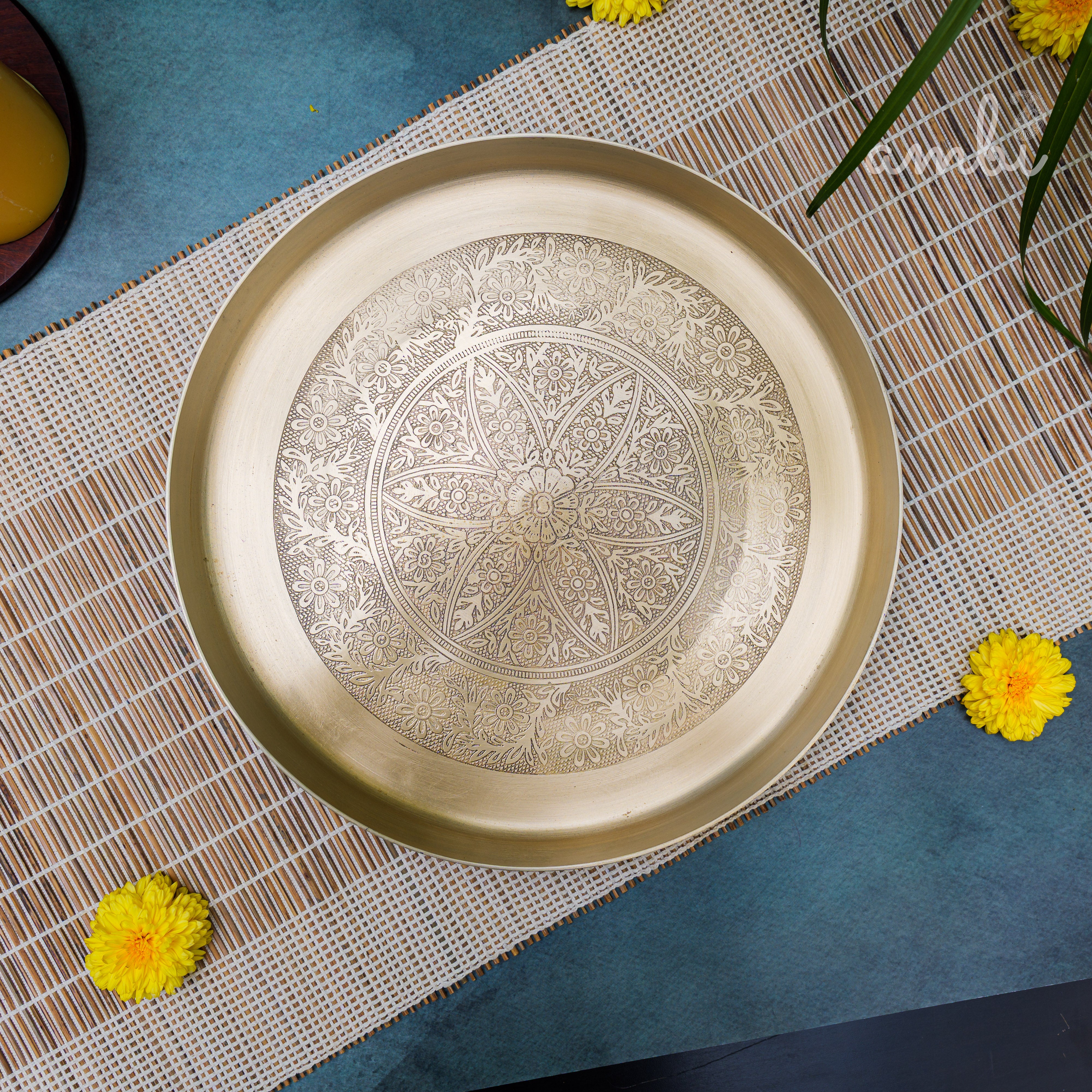 Ambi Lead Free 100% Pure Kansa  Mandala Etched Puja Thali / Round Platter