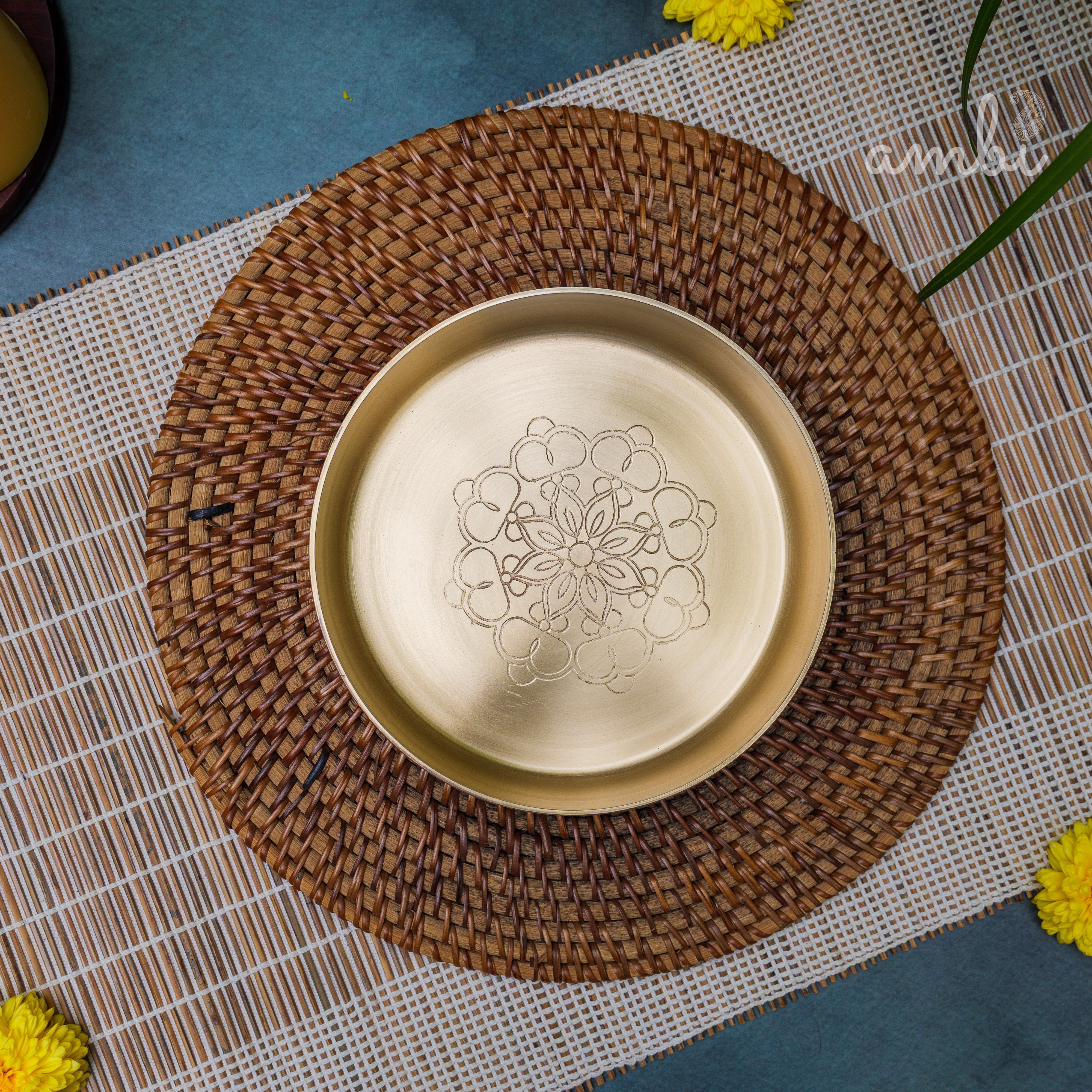 Ambi Lead Free 100% Pure Kansa Mandala Etched Thali 6.5 inch
