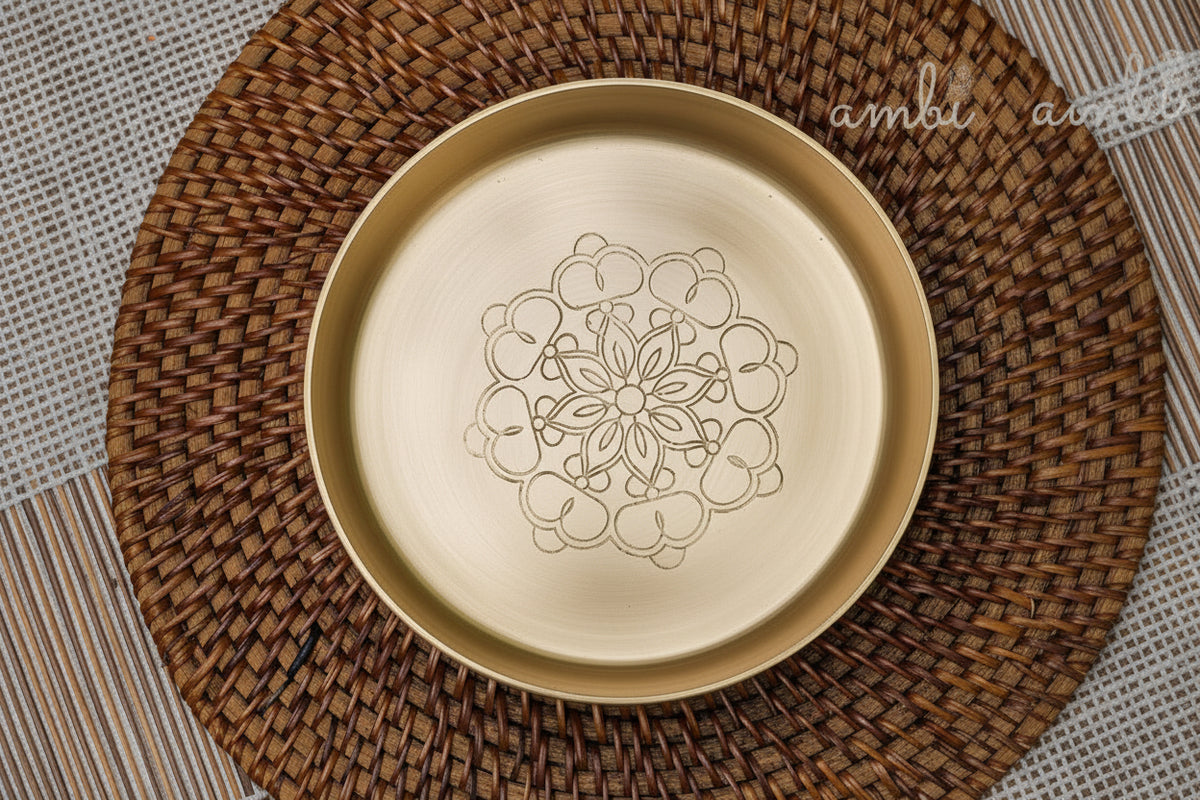 Ambi Devi Edit - 100% Pure Kansa Mandala Etched Puja Plate 6 inch I Bhog Thali